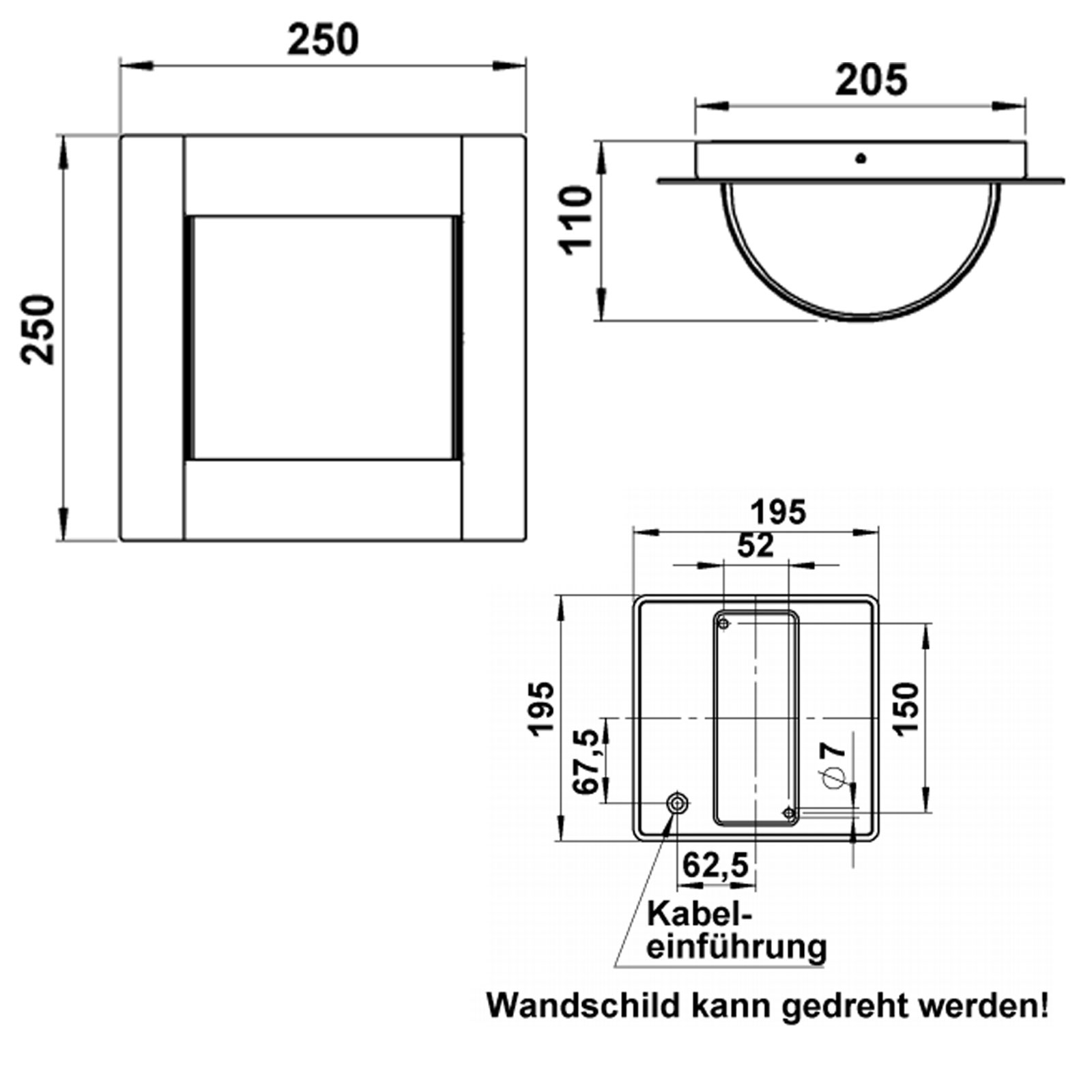 Design Wandleuchte KELLER 250x250 - Edelstahl pulverbeschichtet - RAL nach Wahl