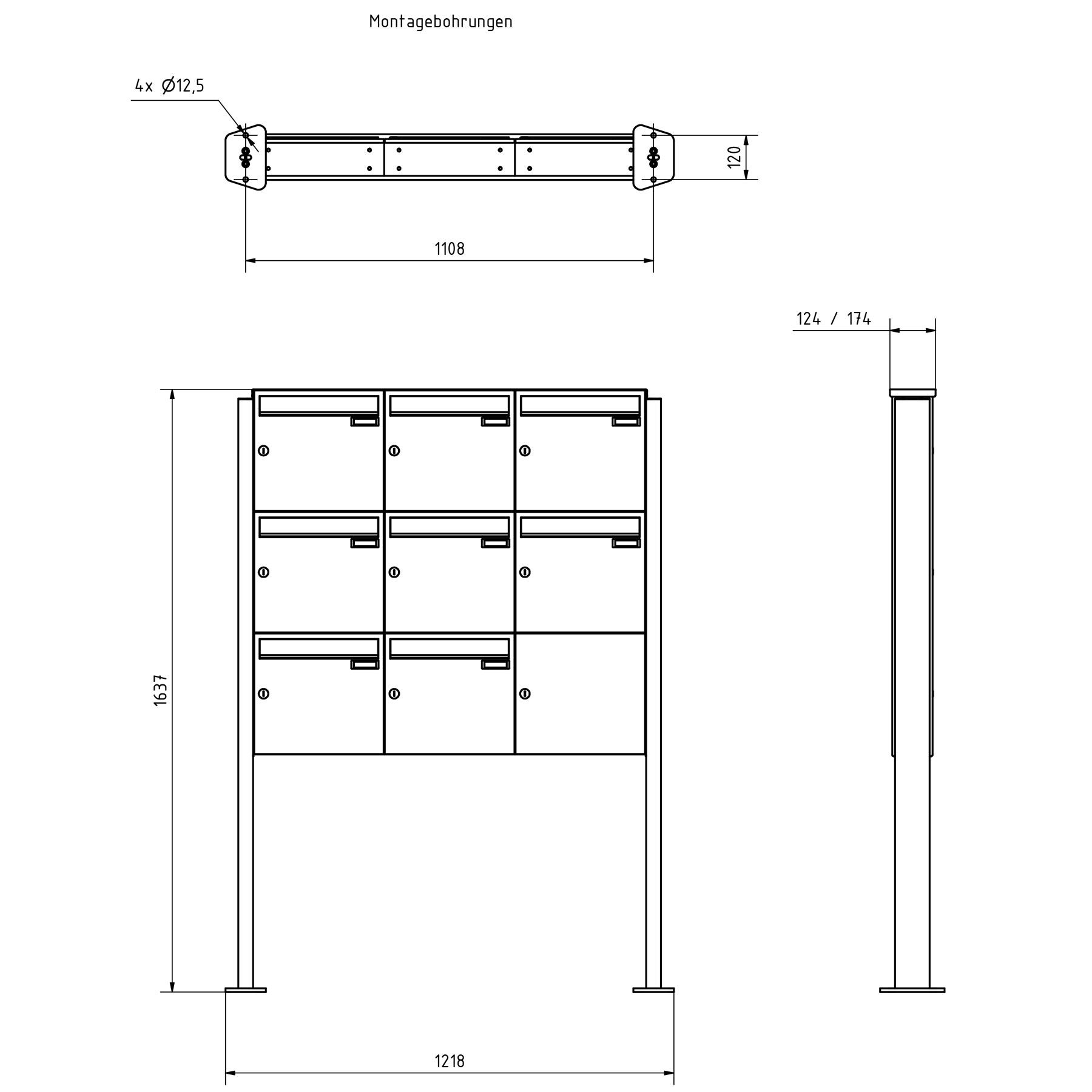 8er 3x3 Edelstahl Standbriefkasten Design BASIC Plus 380X ST-T - RAL nach Wahl