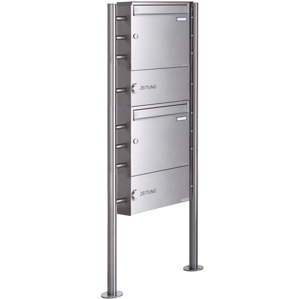 2er Edelstahl Standbriefkasten Design BASIC Plus 381X ST-R mit Zeitungsfach geschlossen