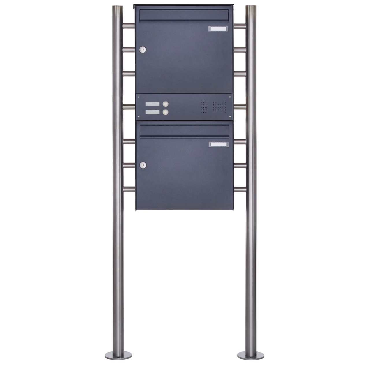 2er Edelstahl Standbriefkasten Design BASIC Plus 381X ST-R mit Klingelkasten - RAL nach Wahl