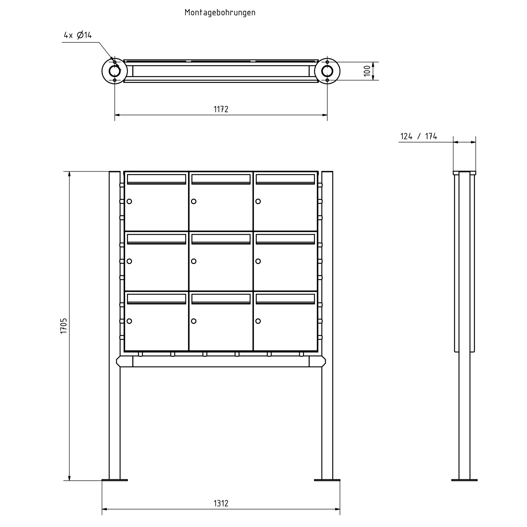 9er 3x3 Edelstahl Standbriefkasten Design BASIC Plus 381X ST-R - RAL nach Wahl