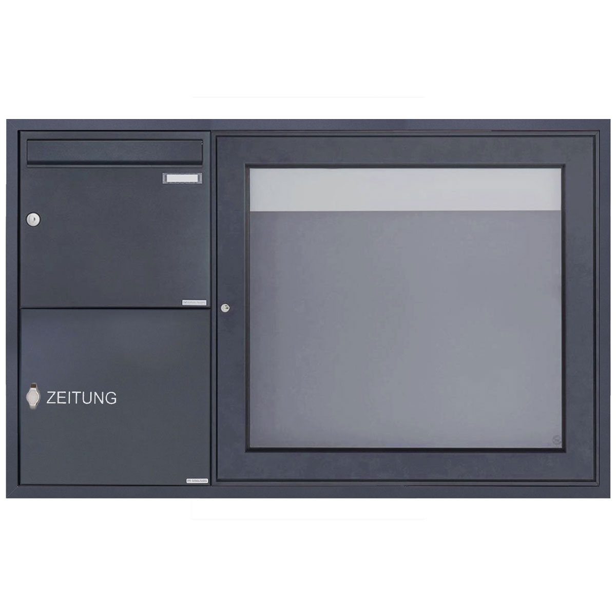 Unterputz Briefkasten mit Zeitungsfach & Schaukasten BASIC Plus 389 UP - 710x660 - RAL nach Wahl