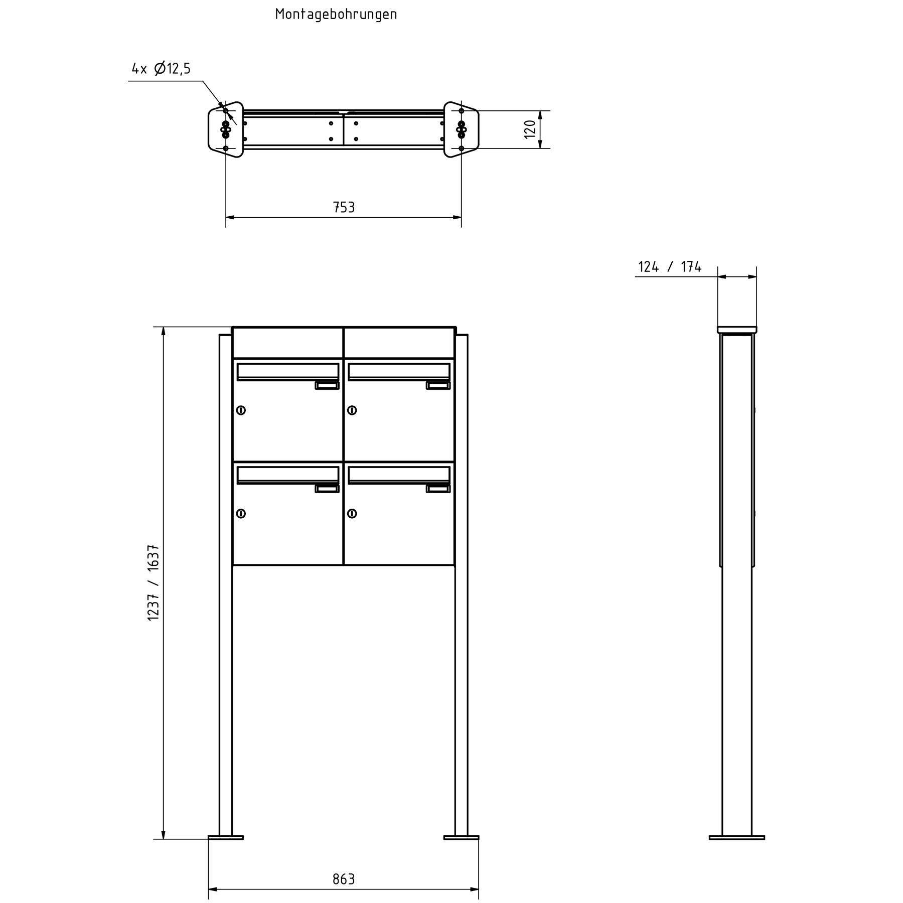 4er Standbriefkasten Design BASIC Plus 380X ST-T mit Klingelkasten - RAL nach Wahl