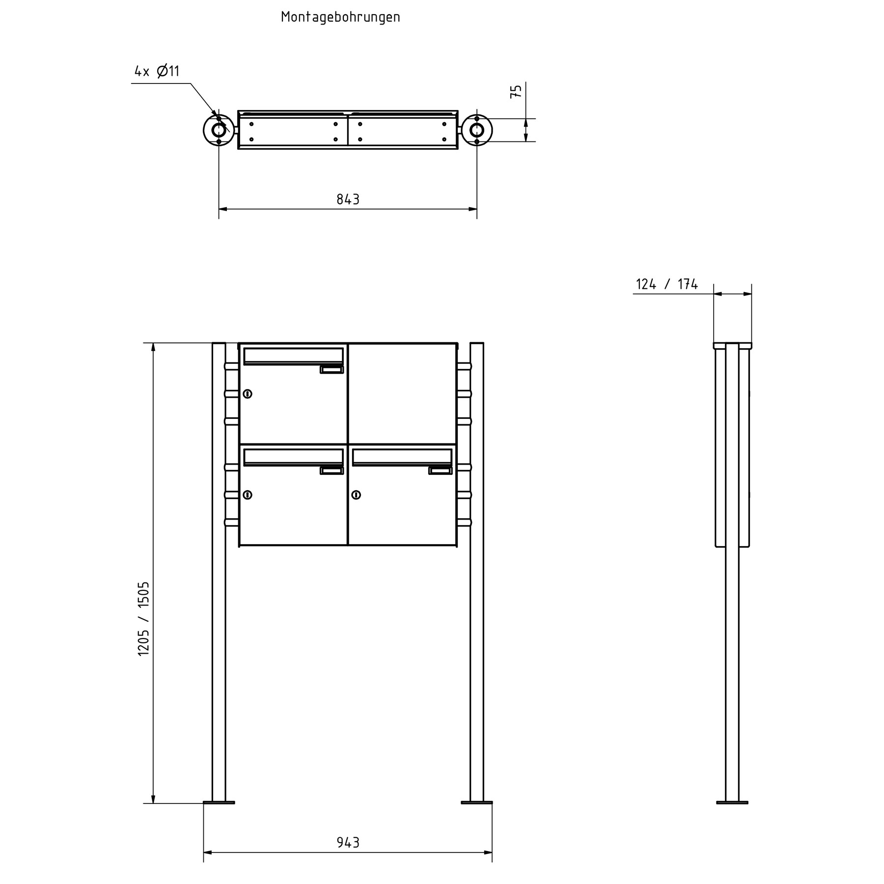 3er Edelstahl Standbriefkasten Design BASIC Plus 381X ST-R  mit Klingelkasten - RAL nach Wahl