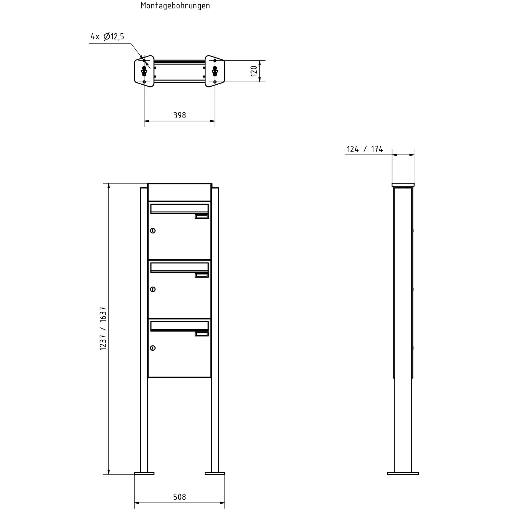 3er Standbriefkasten Design BASIC Plus 380X ST-T mit Klingelkasten - RAL nach Wahl