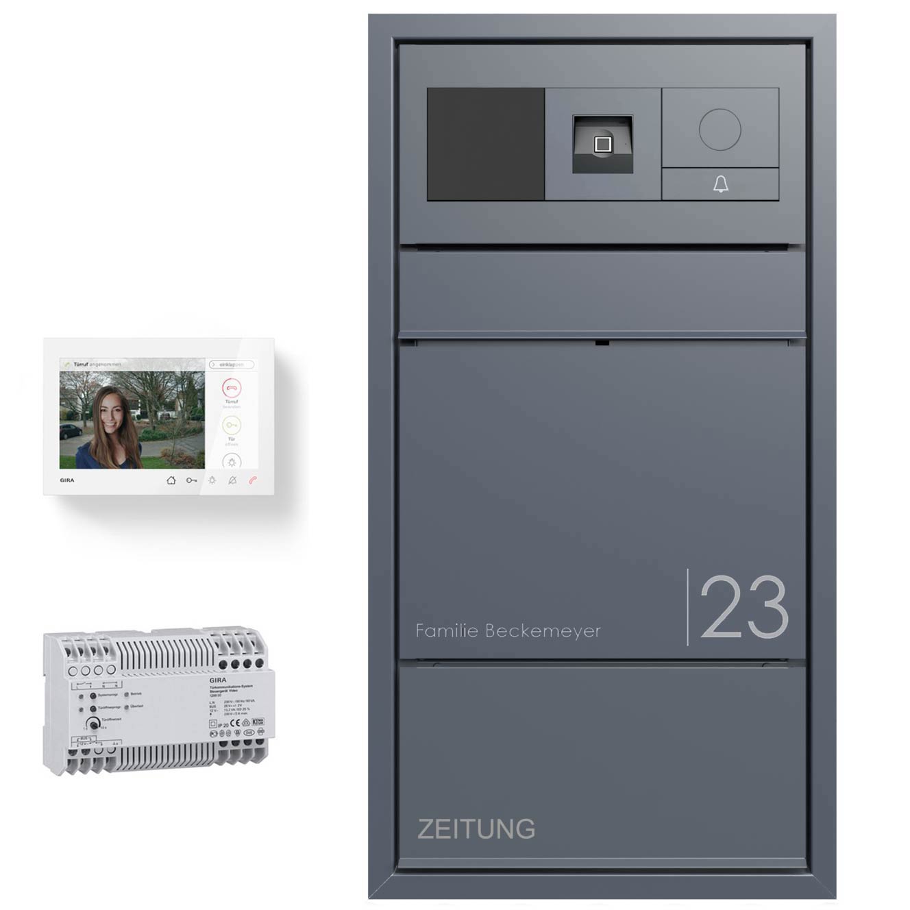 Design Unterputz Briefkasten GOETHE UP mit Zeitungsfach - RAL nach Wahl - GIRA System 106 Keyless In - VIDEO Komplettset