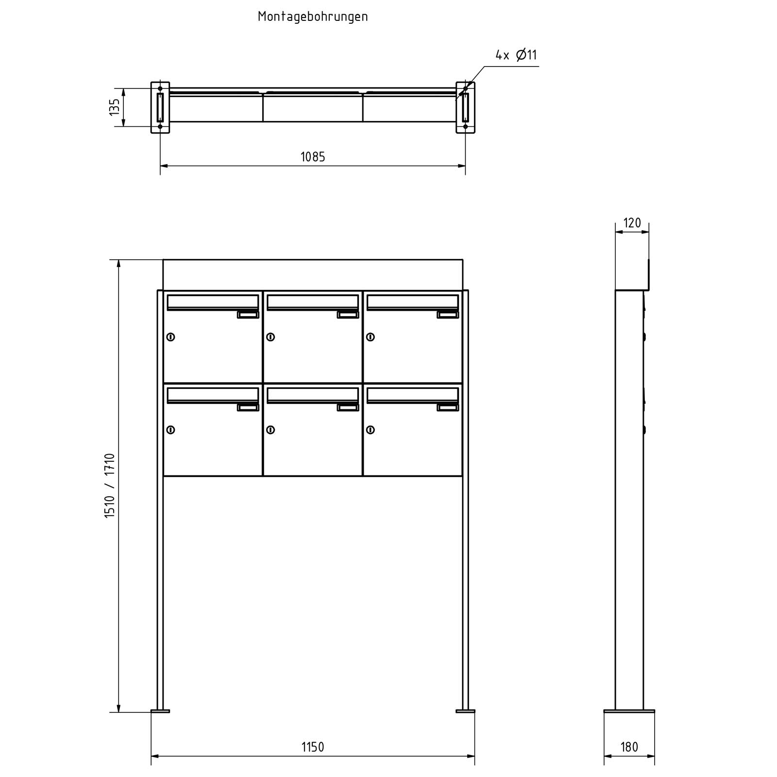 6er Briefkastenanlage freistehend Design BASIC - Edition NELLY - BI-Color VA-RAL 7016 anthrazitgrau