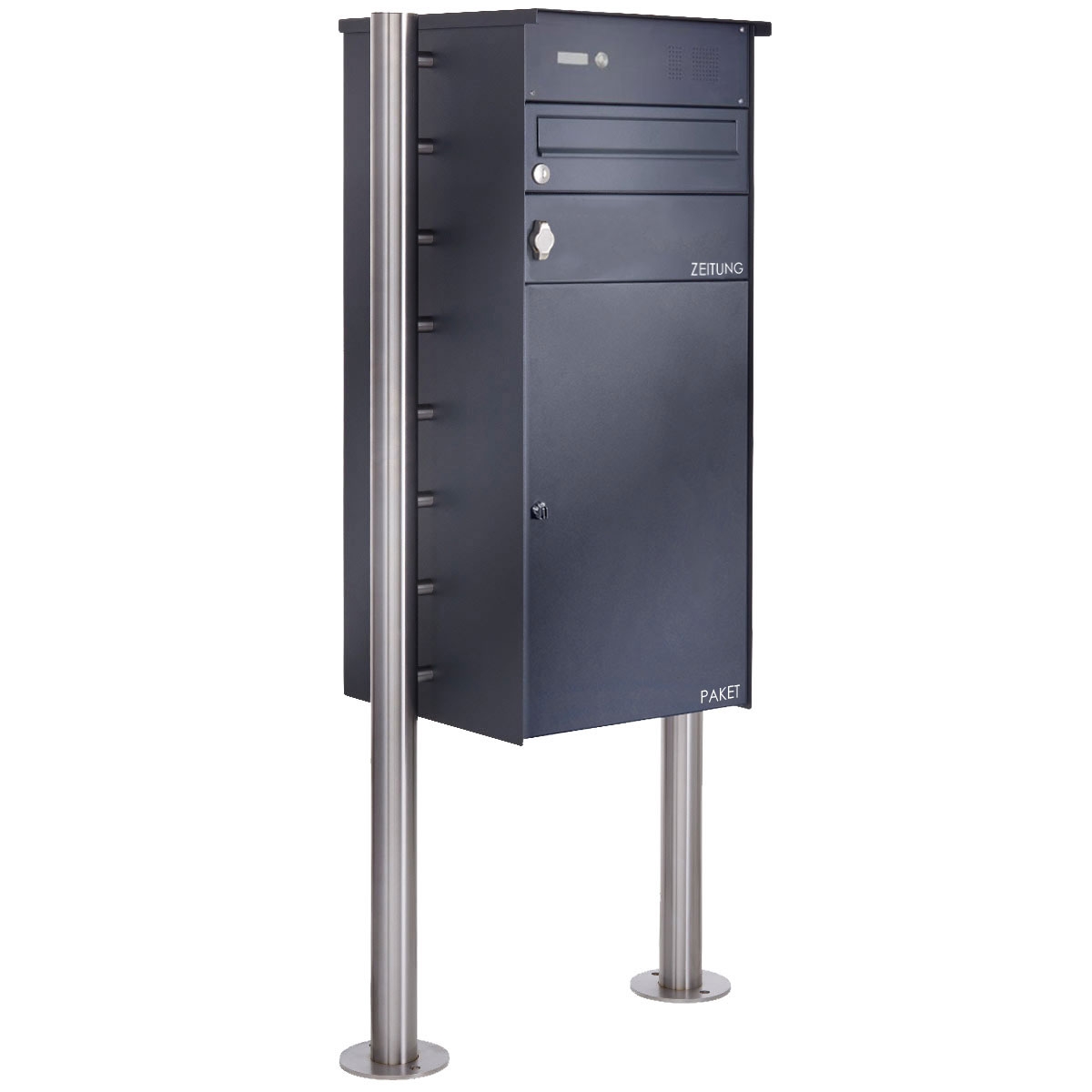 Edelstahl Standbriefkasten BASIC Plus 863X ST-R mit Klingelkasten, Zeitungsfach & Paketfach 550x370 - RAL nach Wahl