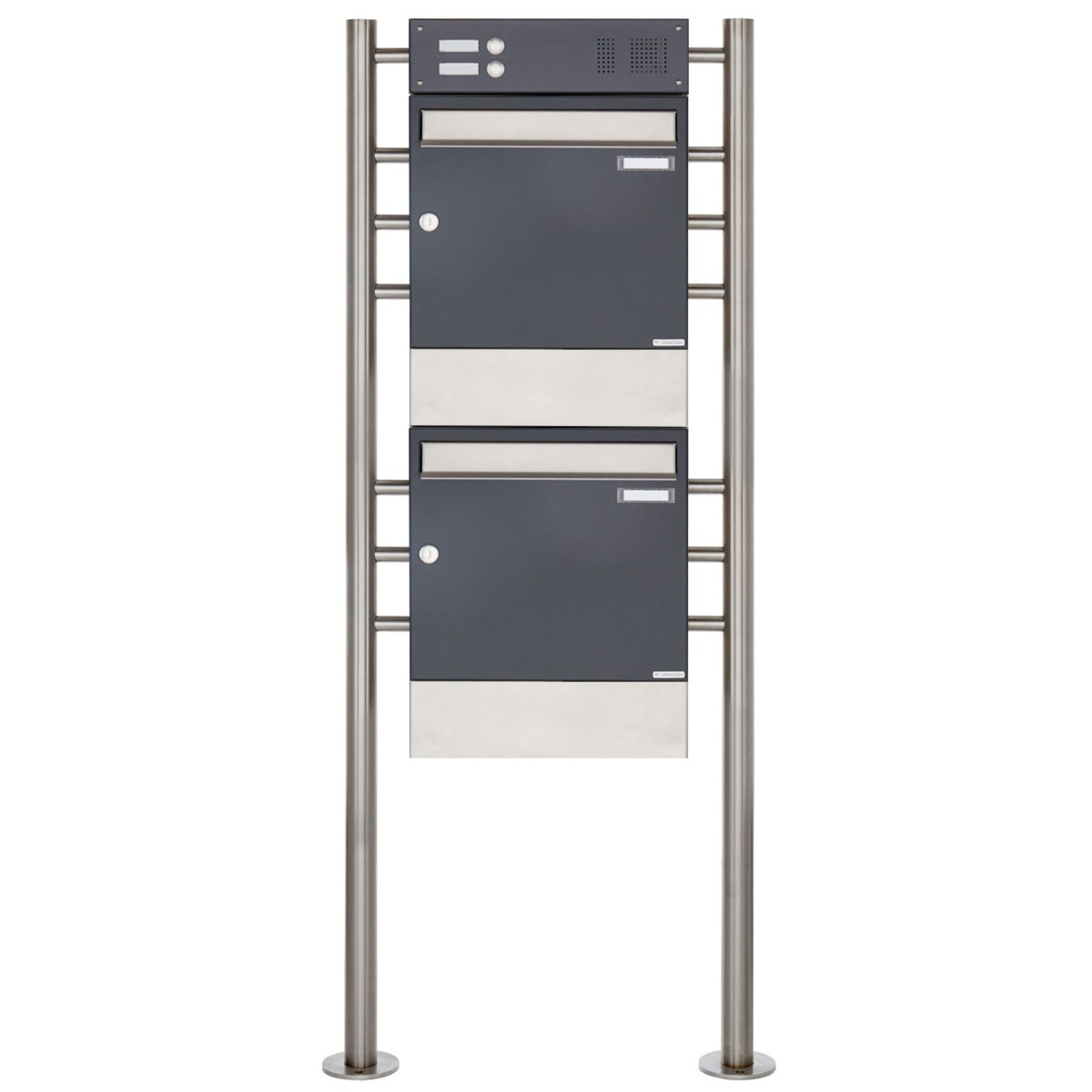 2er 2x1 Standbriefkasten Design BASIC 381 ST-R mit Klingelkasten & Zeitungsfach - Edelstahl-RAL 7016