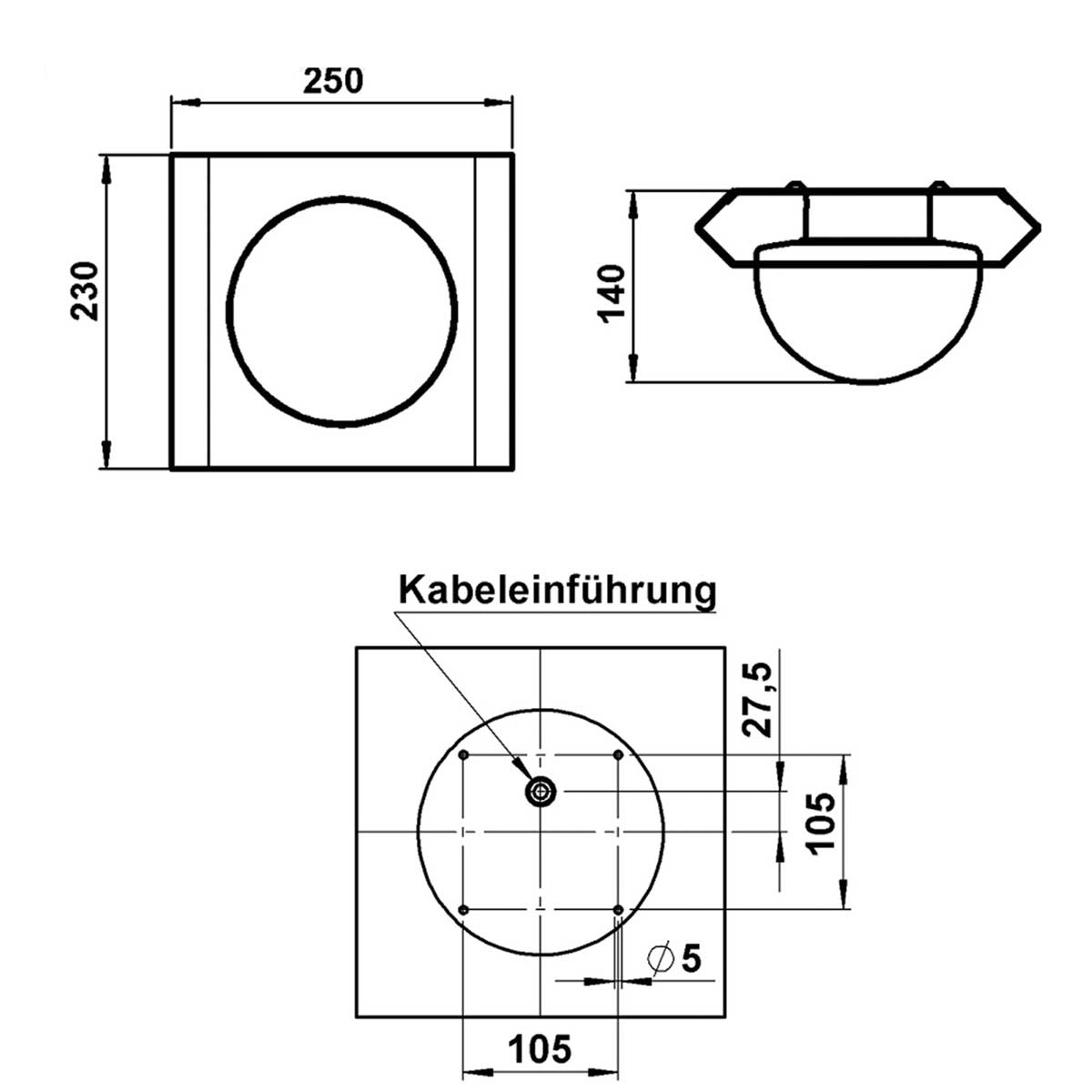 Design Wandleuchte GUTENBERG 250x230 - Edelstahl pulverbeschichtet - RAL nach Wahl