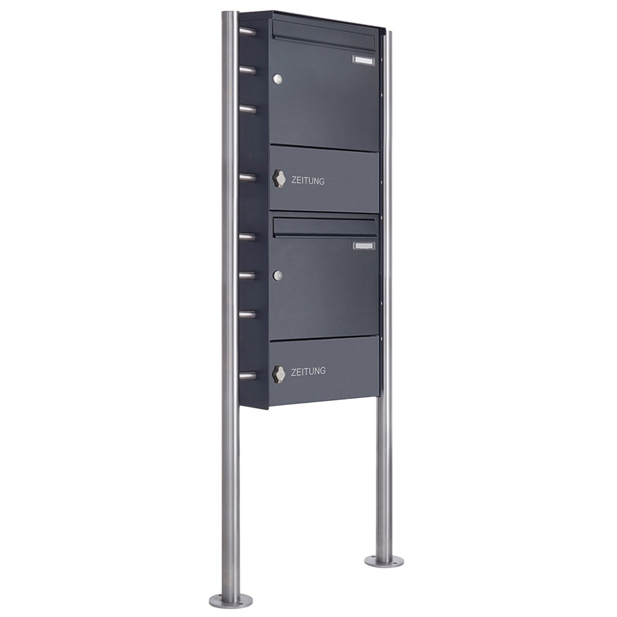 2er Edelstahl Standbriefkasten Design BASIC Plus 381X ST-R mit 2x Zeitungsfach geschlossen - RAL nach Wahl