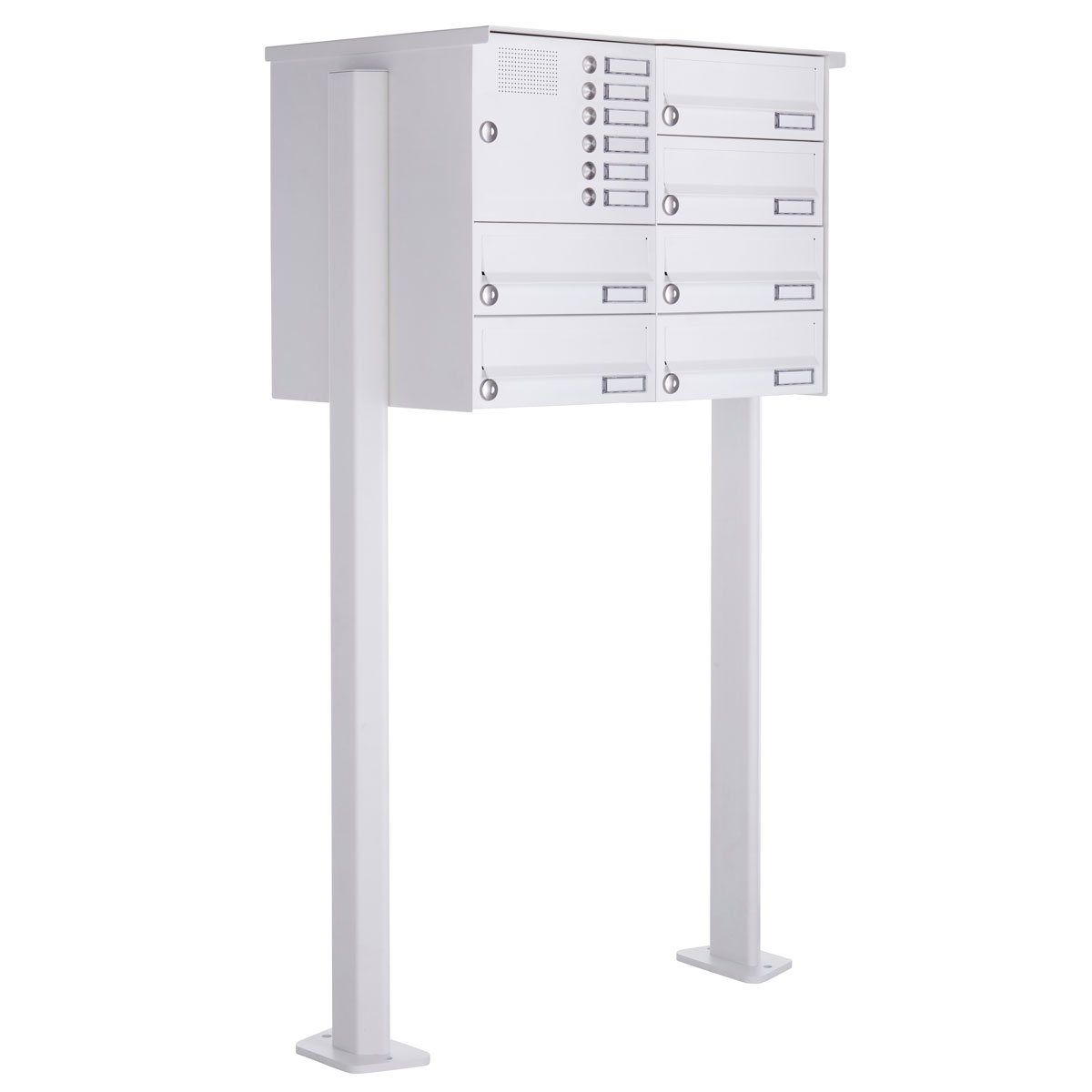 6er Standbriefkasten Design BASIC 385P-9016 ST-T mit Klingelkasten - RAL 9016 verkehrsweiß