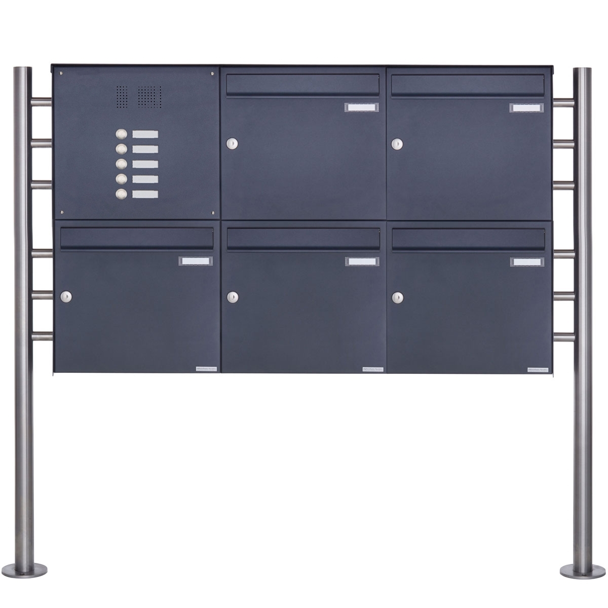 5er Edelstahl Standbriefkasten Design BASIC Plus 381X ST-R  mit Klingelkasten - RAL nach Wahl