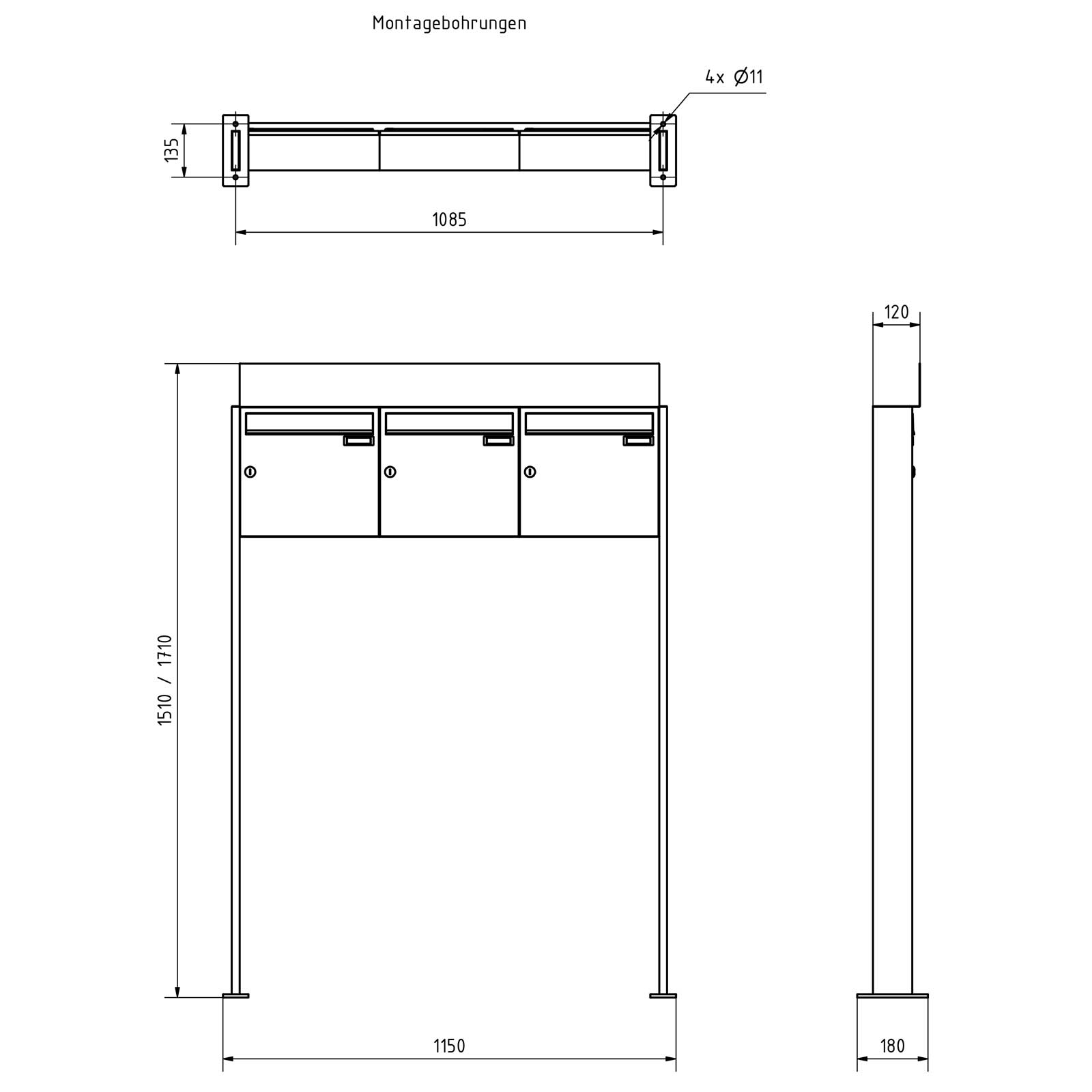 3er Briefkastenanlage freistehend Design BASIC - Edition NELLY - BI-Color VA-RAL 7016 anthrazitgrau