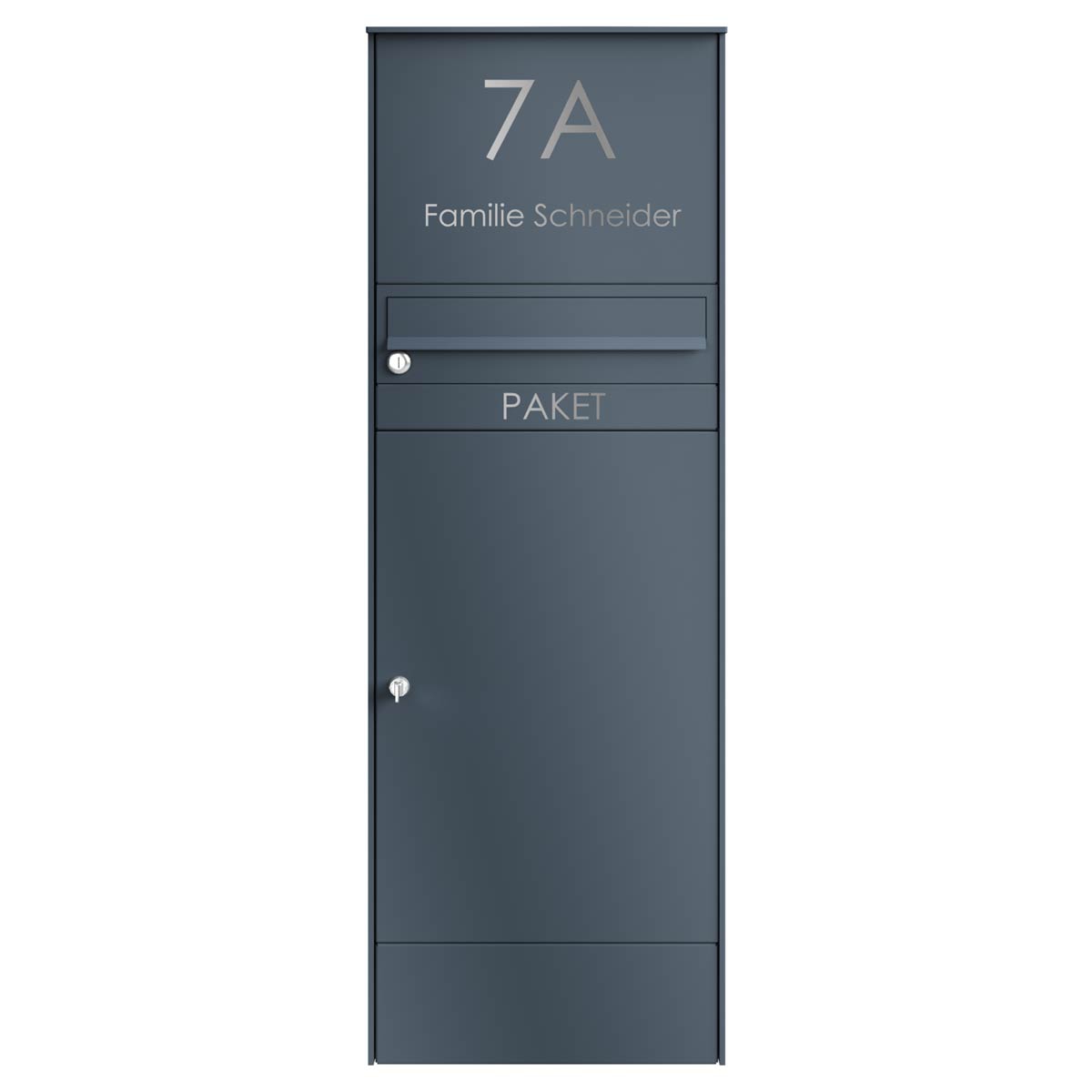 Edelstahl Paketbriefkasten BASIC Plus 864XS mit Paketfach 550x370 - Hausnummer - RAL nach Wahl