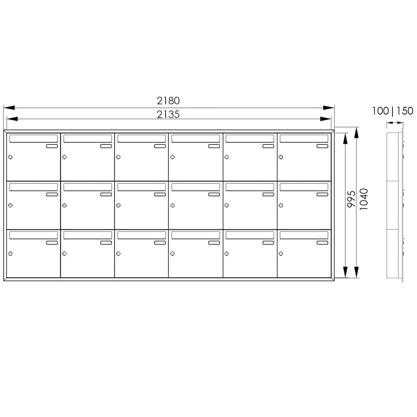 16er 6x3 Edelstahl Unterputz Briefkastenanlage BASIC Plus 382XU UP - RAL nach Wahl - 16 Parteien