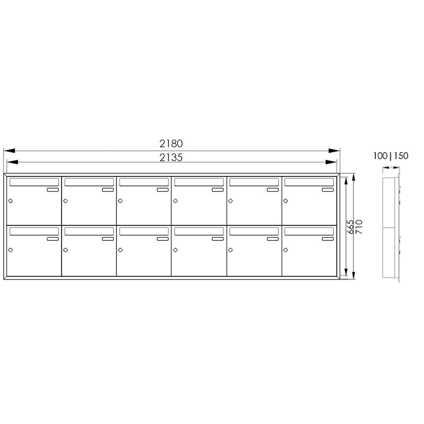 12er 6x2 Edelstahl Unterputz Briefkastenanlage BASIC Plus 382XU UP - RAL nach Wahl - 12 Parteien