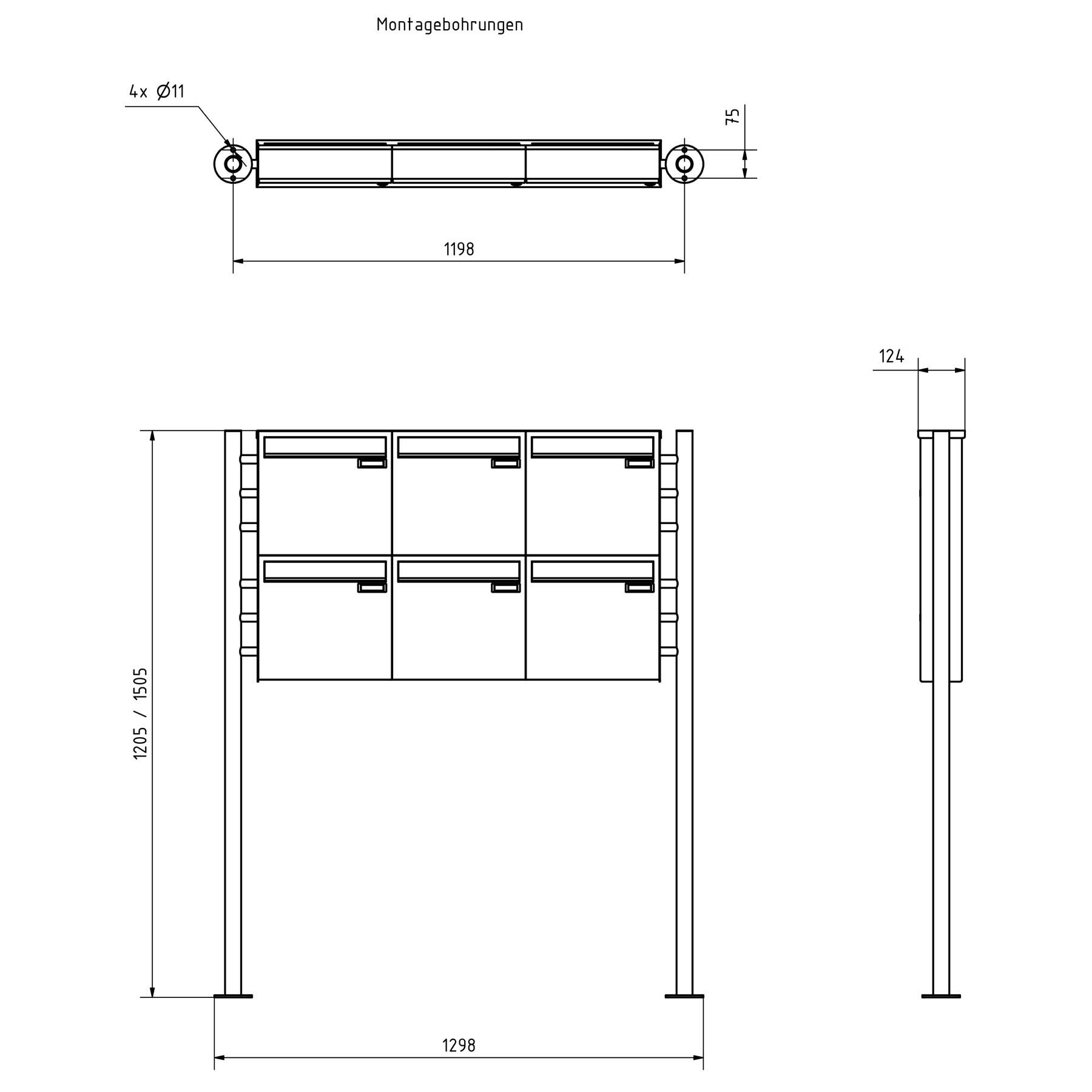 6er 3x2 Zaunbriefkasten freistehend Design BASIC Plus 381XZ ST-R - Edelstahl geschliffen