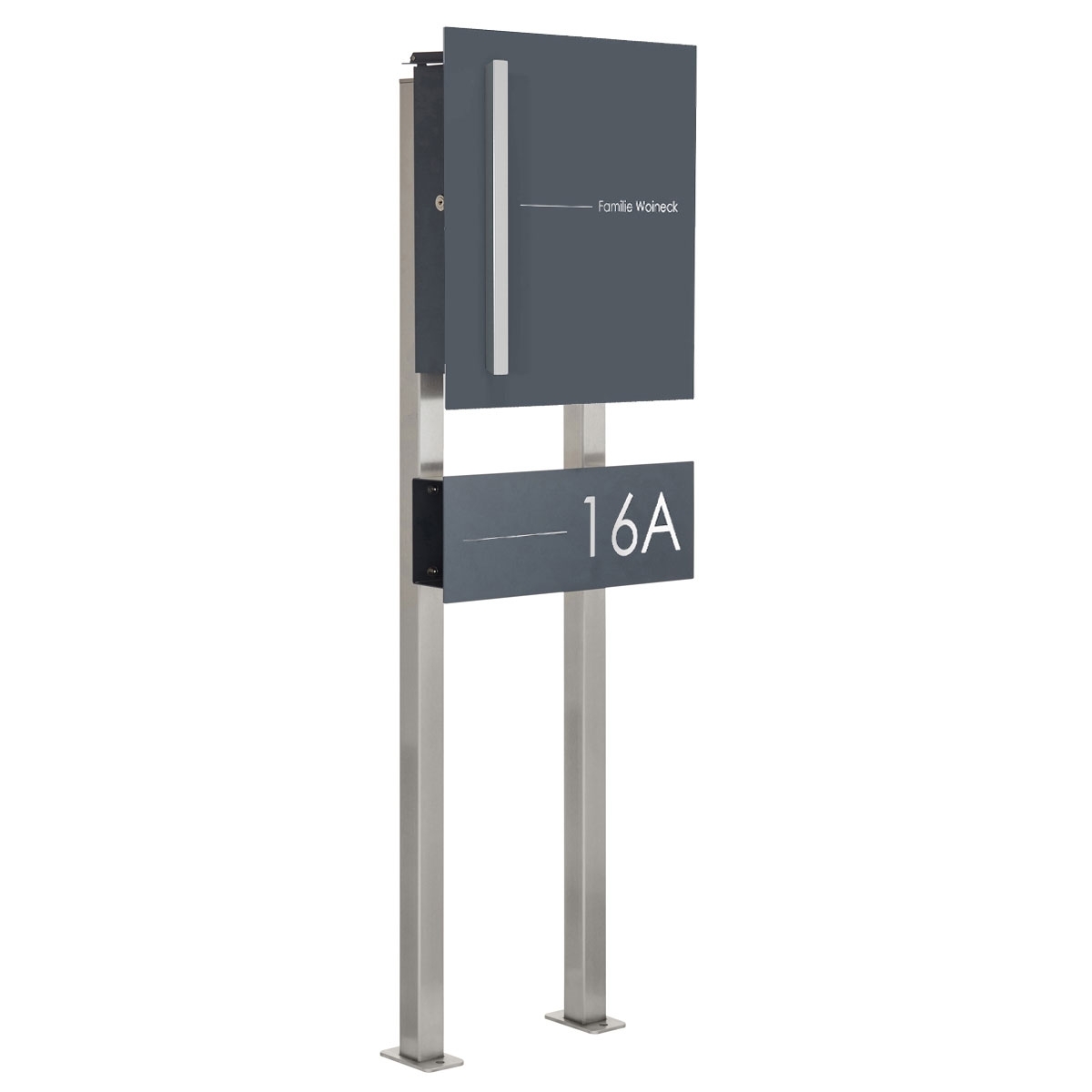 Design Edelstahl Standbriefkasten SCHILLER MEDIUM Elegance II mit Griffleiste - Hausnummer - Name - RAL nach Wahl