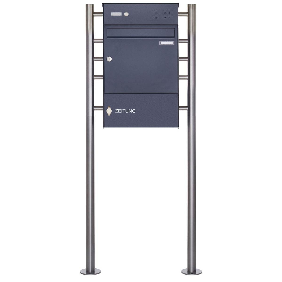 1er Standbriefkasten Design BASIC Plus 381X ST-R mit Klingelkasten & Zeitungsfach geschlossen - RAL