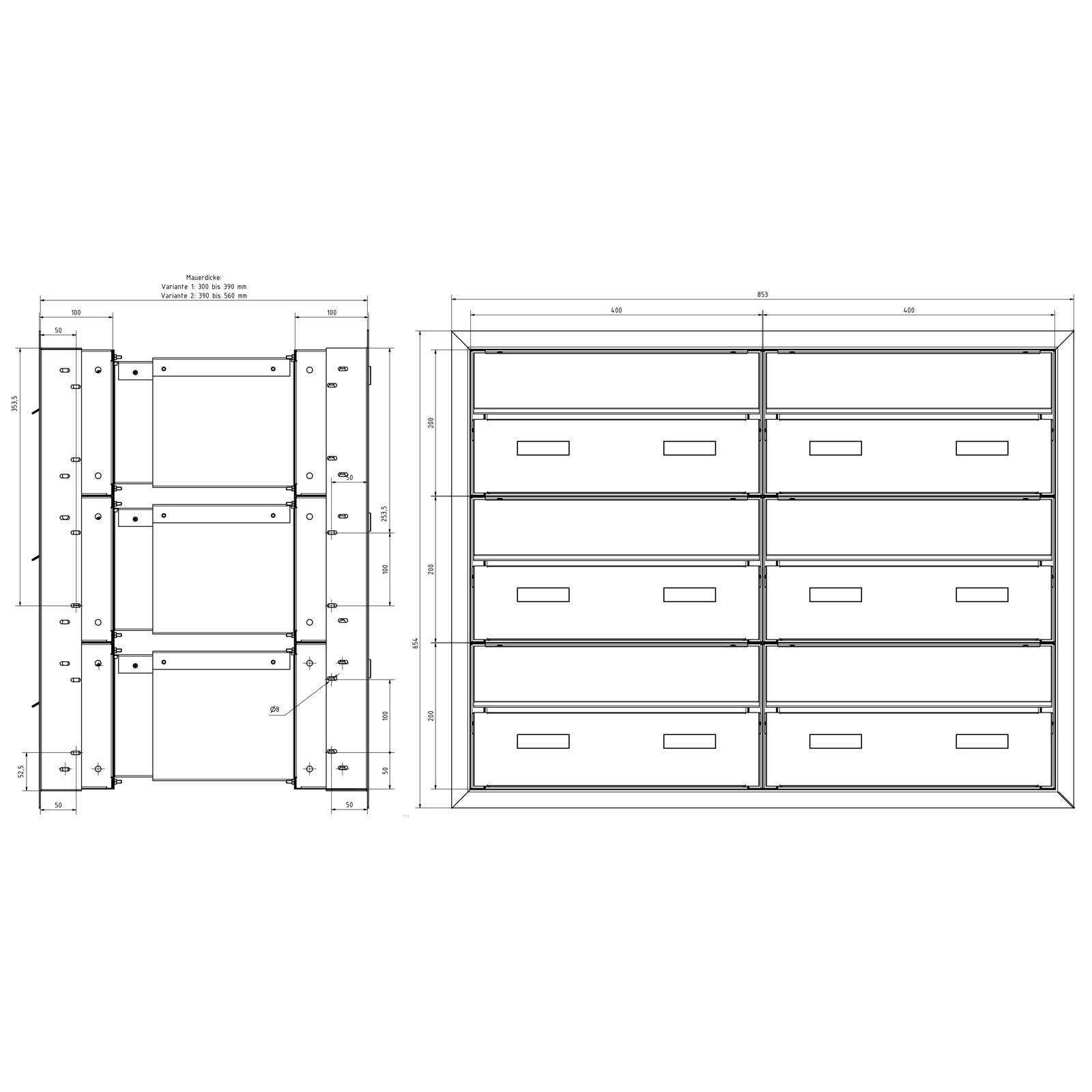 6er 2x3 Design Durchwurfbriefkasten GOETHE MDW mit Namensschild - RAL nach Wahl