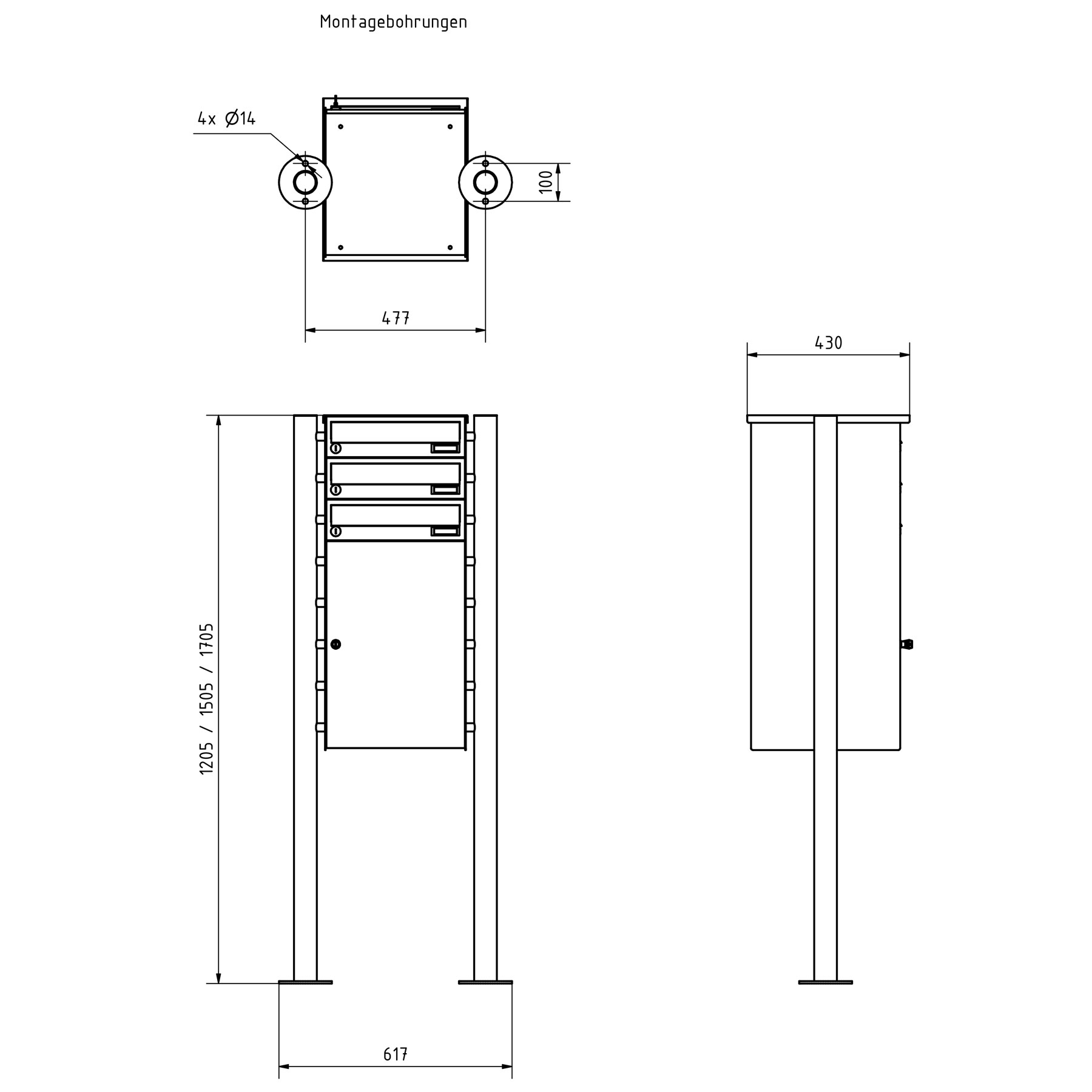 3er Edelstahl Paketbriefkasten freistehend BASIC Plus 863X ST-R mit Paketfach 550x370 in RAL nach Wahl