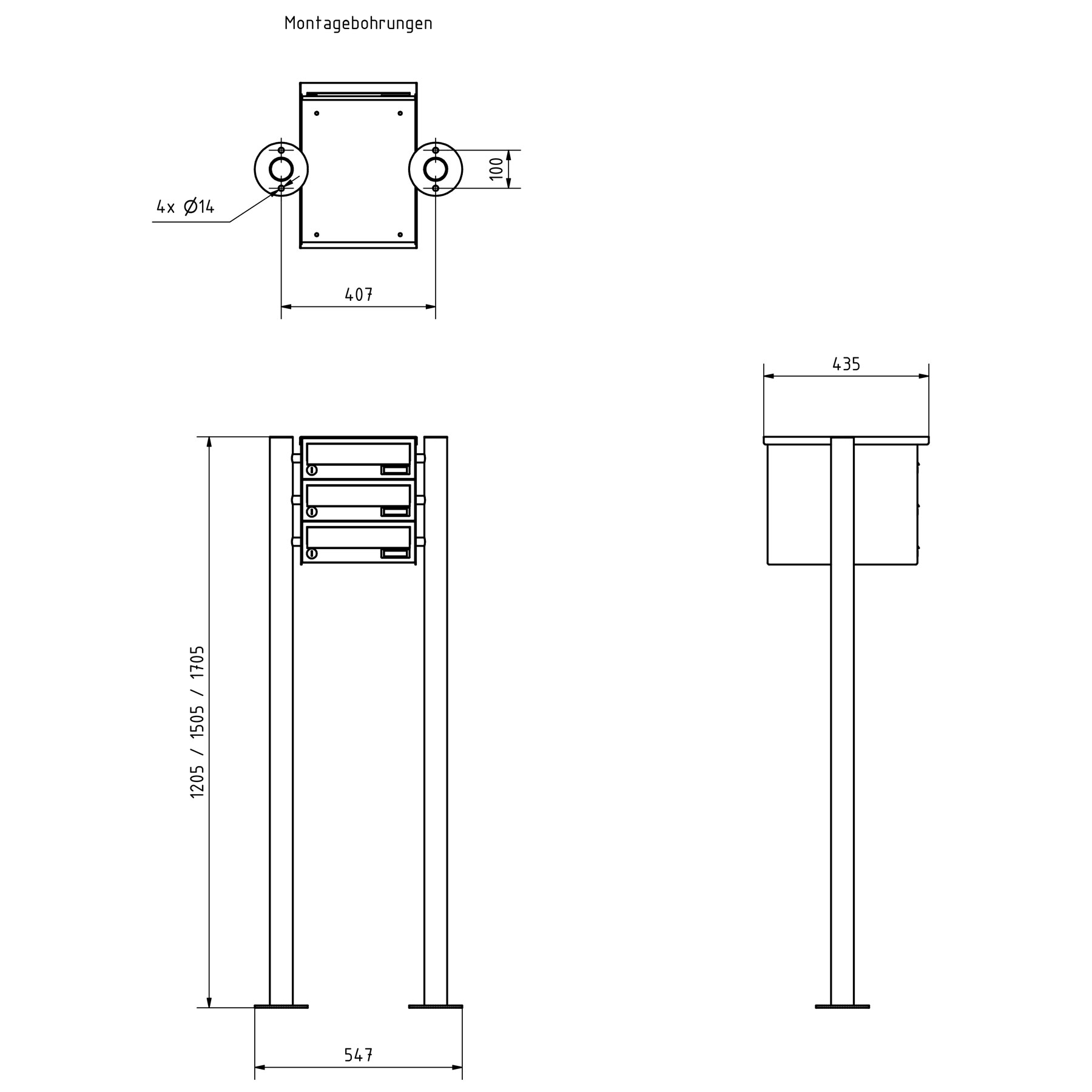 3er Briefkastenanlage freistehend Design BASIC 385-VA ST-R - Edelstahl V2A, geschliffen