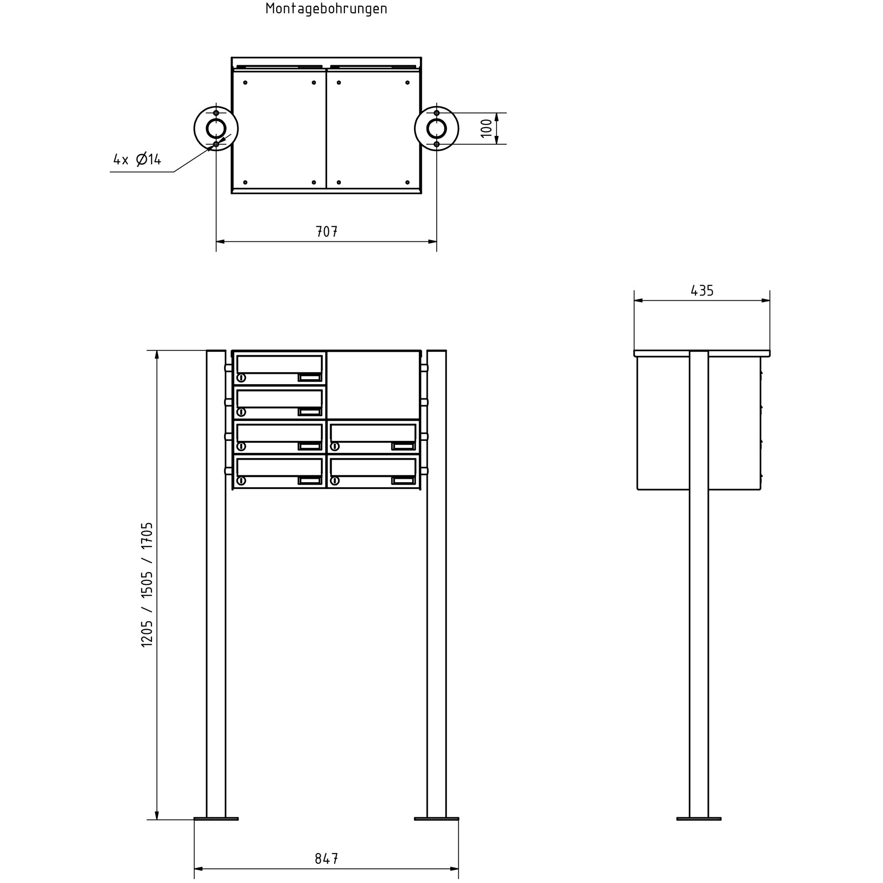 6er Edelstahl Standbriefkasten Design BASIC Plus 385 X ST-R mit Klingelkasten - RAL nach Wahl