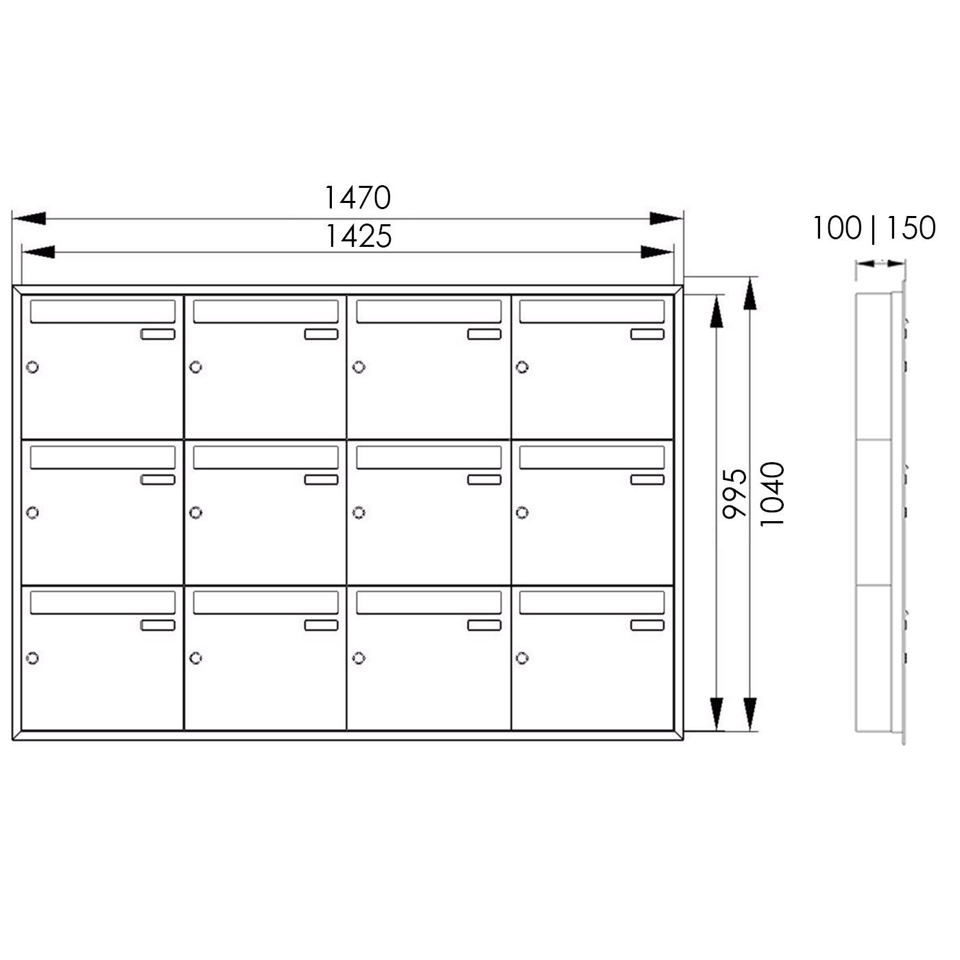 12er 4x3 Edelstahl Unterputz Briefkastenanlage BASIC Plus 382XU UP - RAL nach Wahl - 12 Parteien