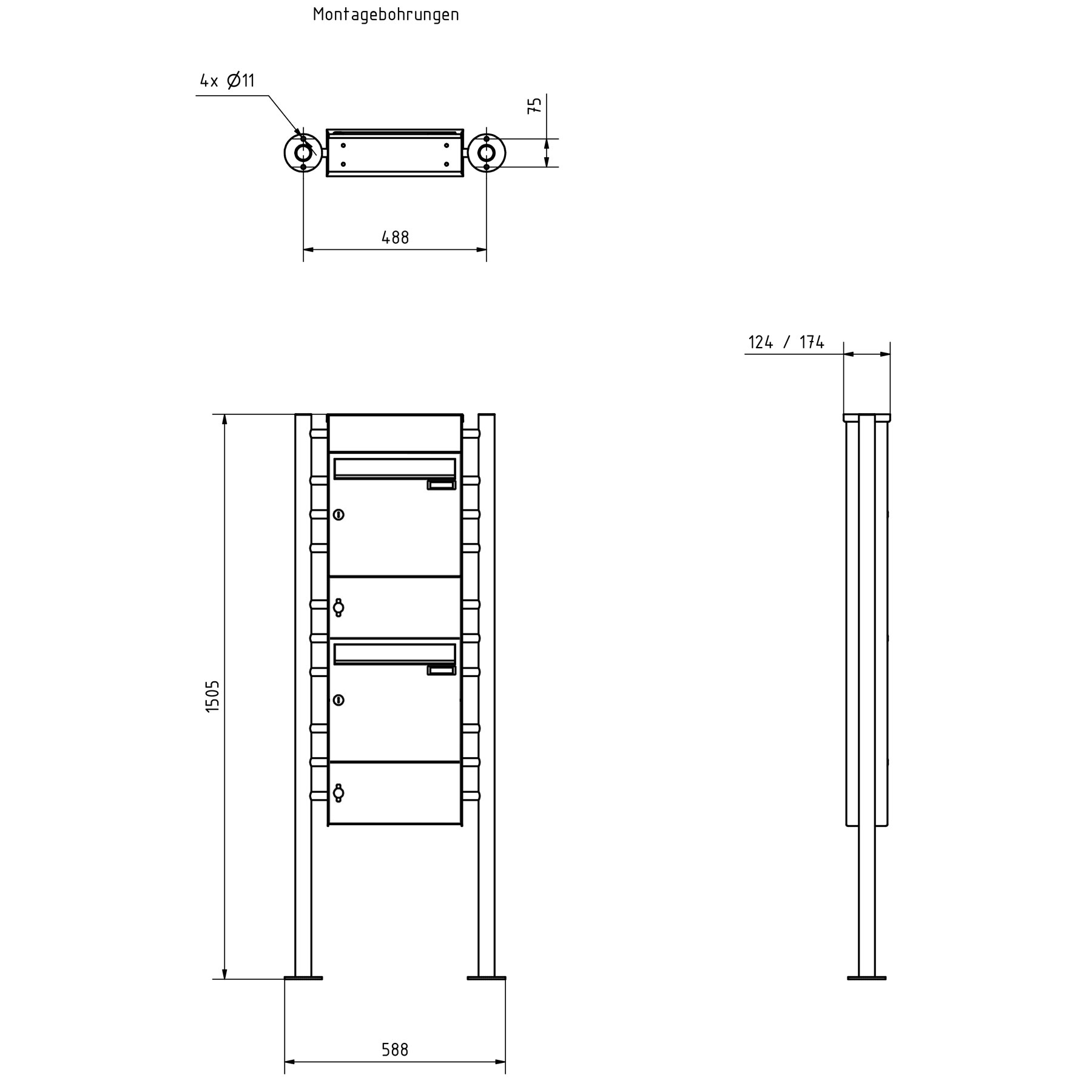 2er Edelstahl Standbriefkasten Design BASIC Plus 381X ST-R mit Klingelkasten & Zeitungsfach - RAL