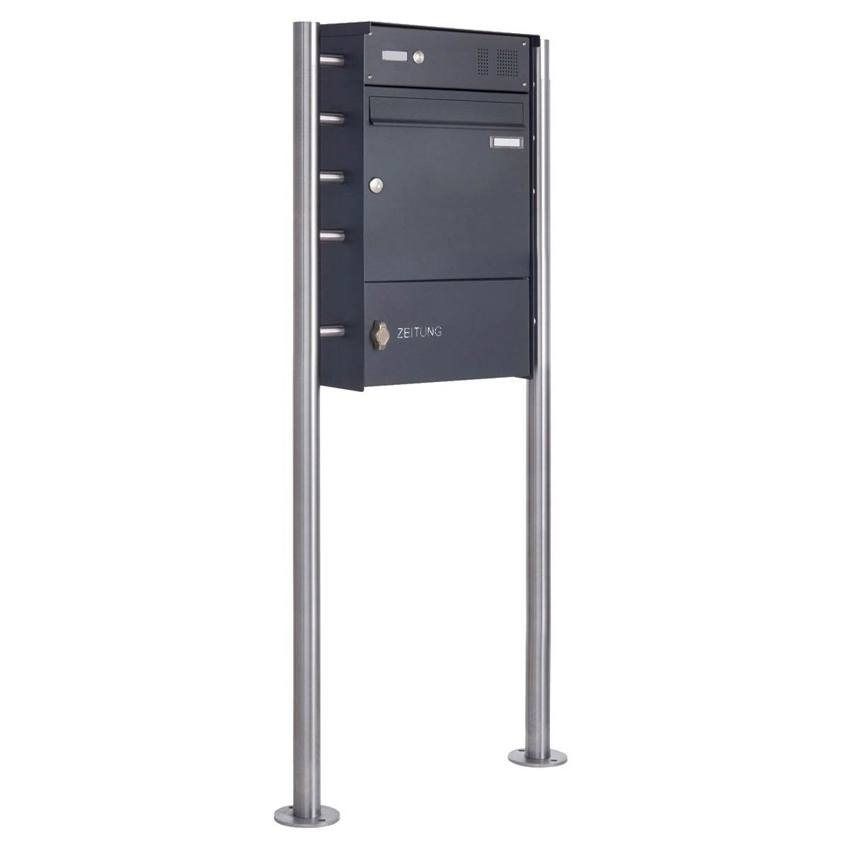 1er Standbriefkasten Design BASIC Plus 381X ST-R mit Klingelkasten & Zeitungsfach geschlossen - RAL