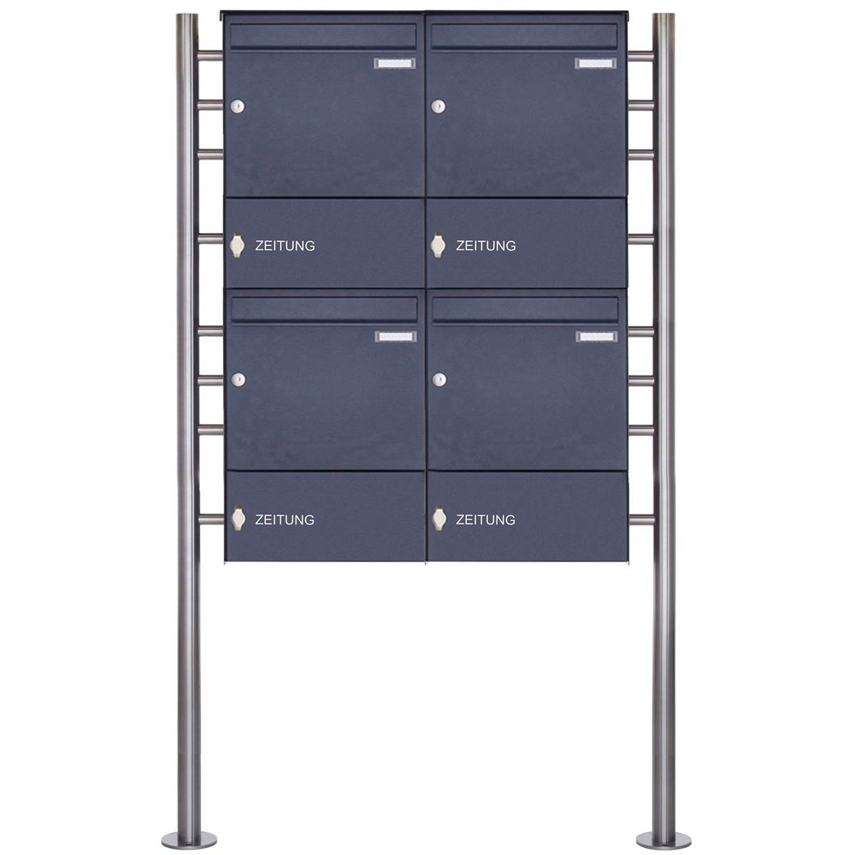 4er 2x2 Standbriefkasten Design BASIC 381 ST-R mit Zeitungsfach geschlossen - RAL 7016 anthrazitgrau