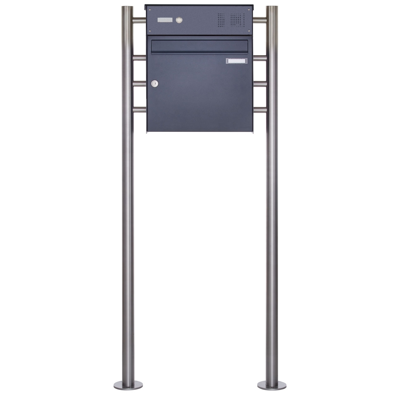 1er Edelstahl Standbriefkasten Design BASIC Plus 381X ST-R  mit Klingelkasten - RAL nach Wahl