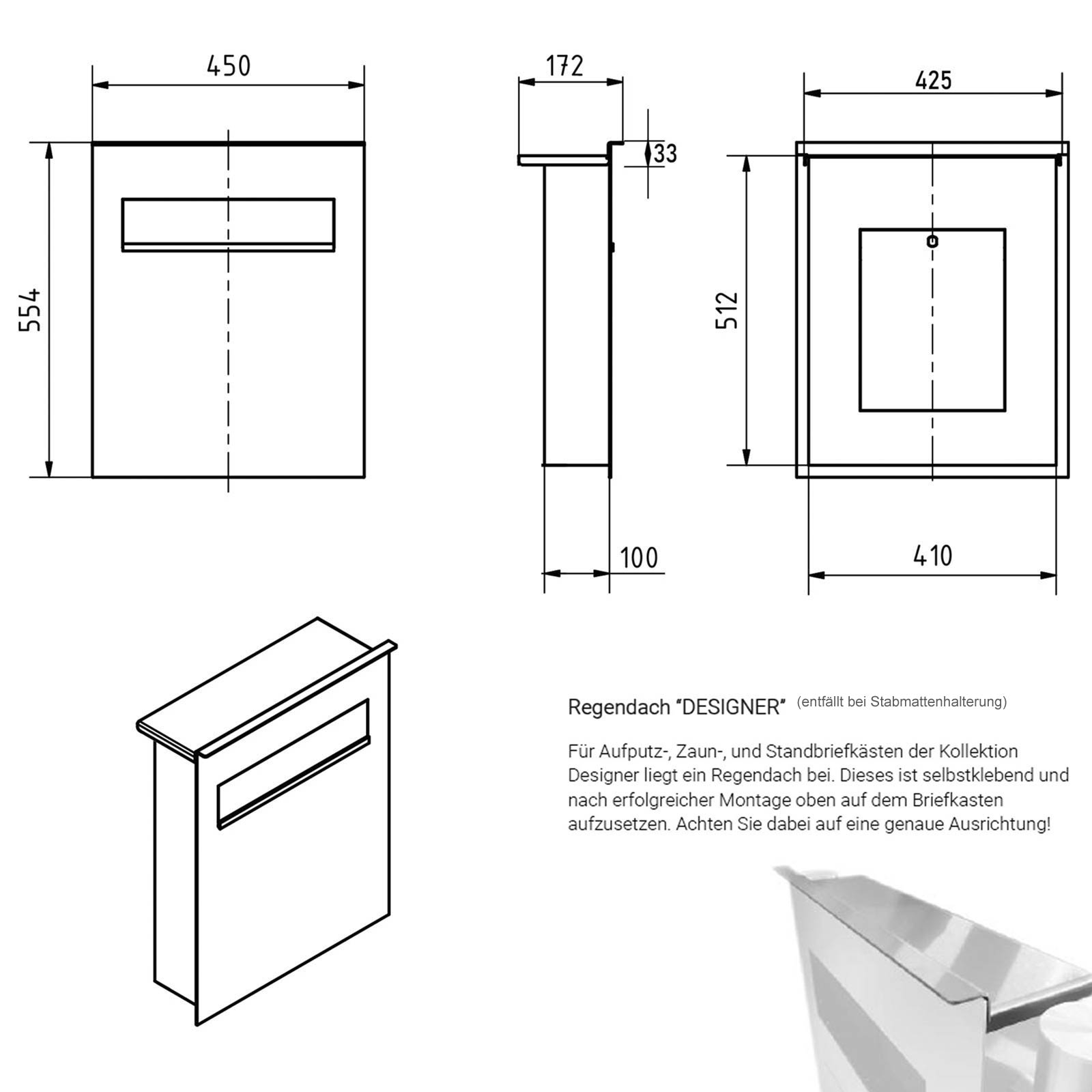 Edelstahl Design Zaunbriefkasten DESIGNER Style BIG pulverbeschichtet - Entnahme hinten