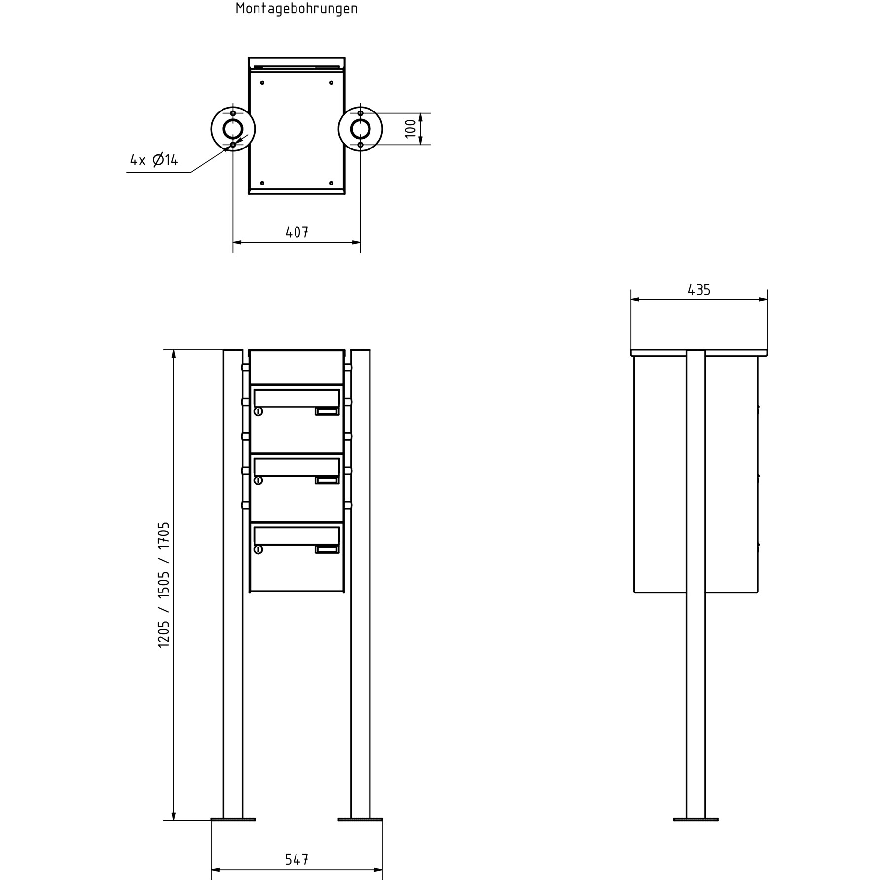 3er Standbriefkasten Design BASIC 385220 ST-R mit Klingelkasten - RAL 7016 anthrazitgrau