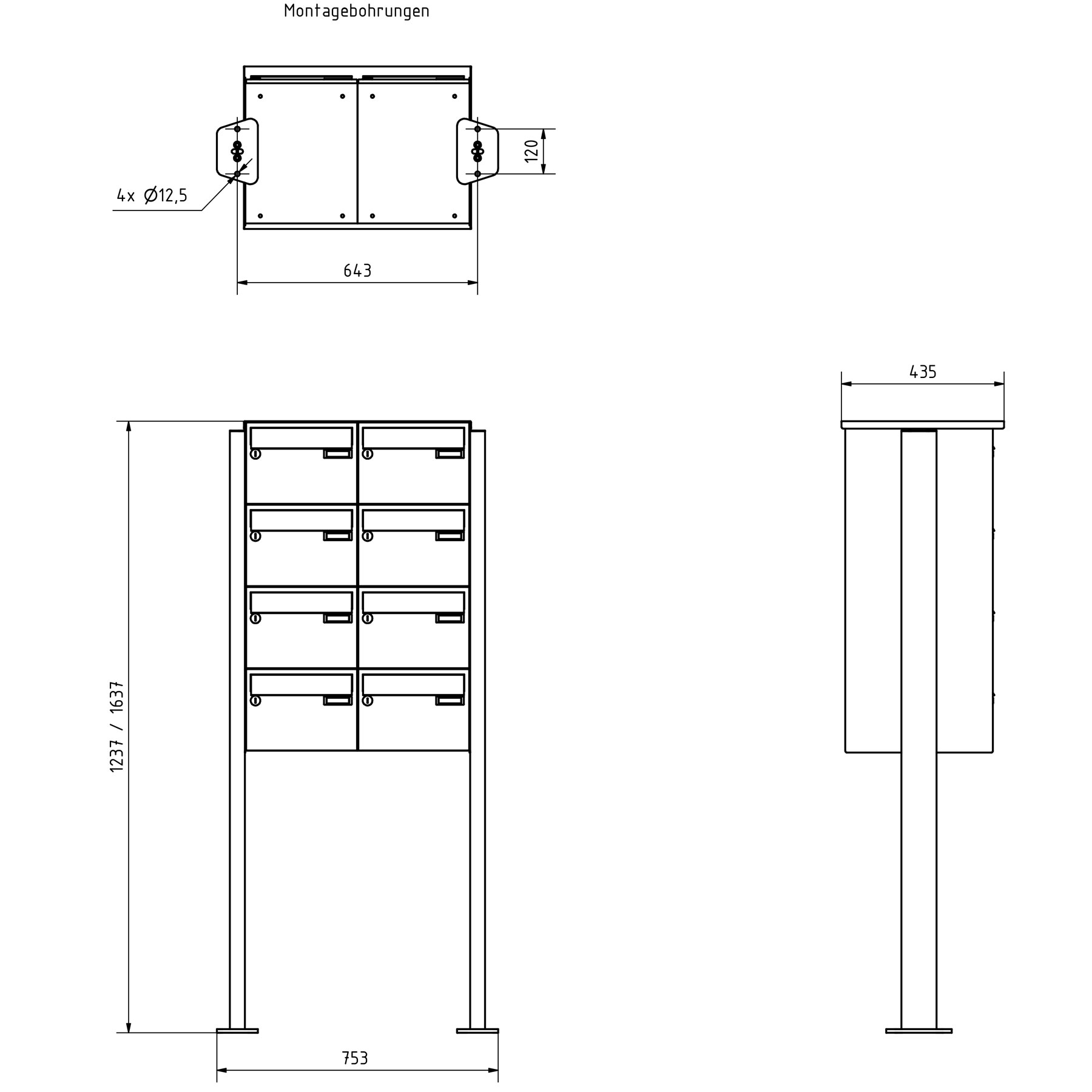 8er 4x2 Edelstahl Standbriefkasten Design BASIC Plus 385XP ST-T - RAL nach Wahl