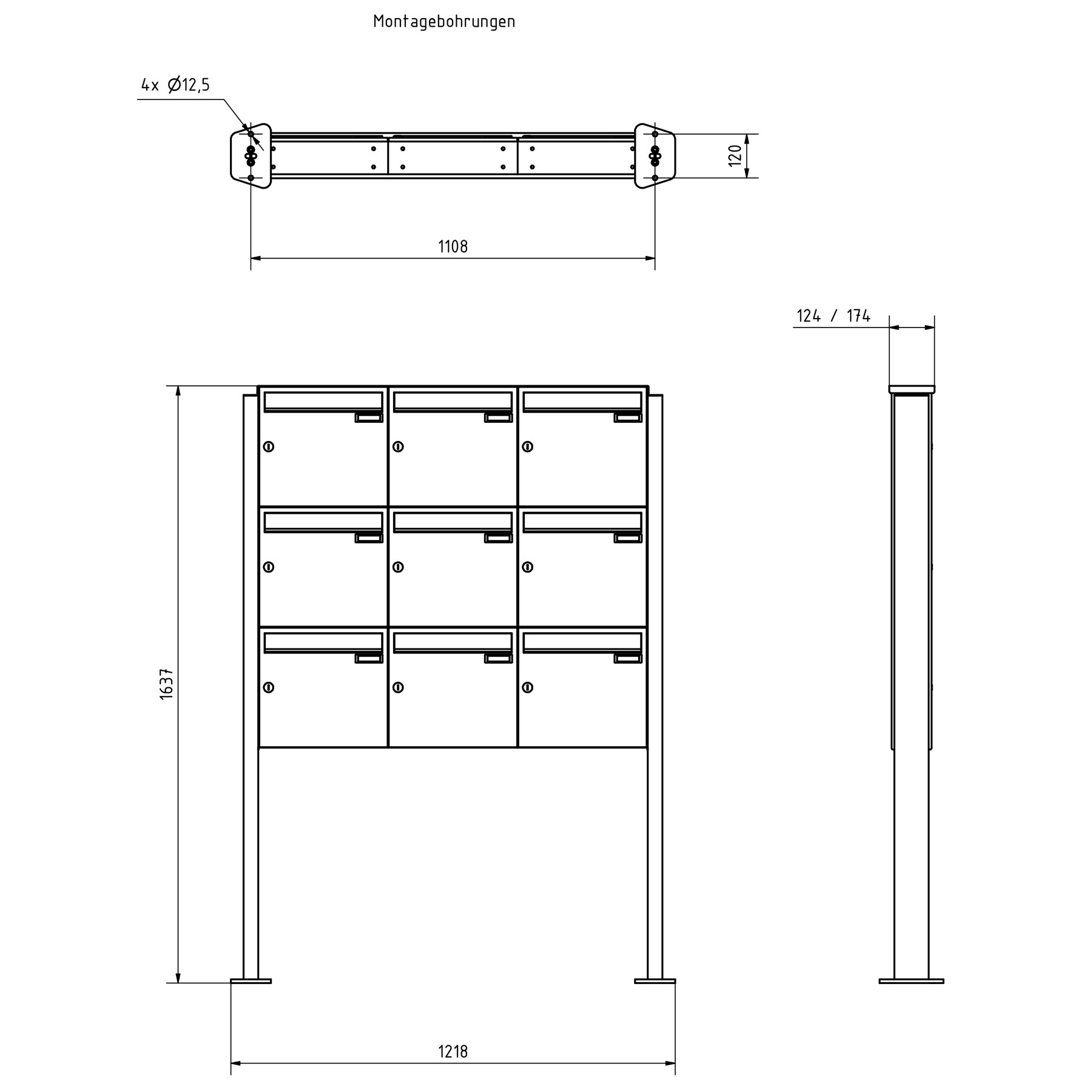 9er 3x3 Edelstahl Standbriefkasten Design BASIC Plus 380X ST-T - RAL nach Wahl