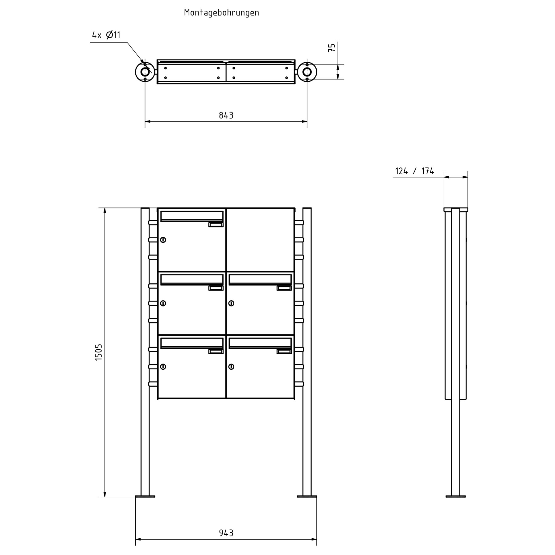 5er 3x2 Edelstahl Standbriefkasten Design BASIC Plus 381X ST-R  mit Klingelkasten - RAL nach Wahl