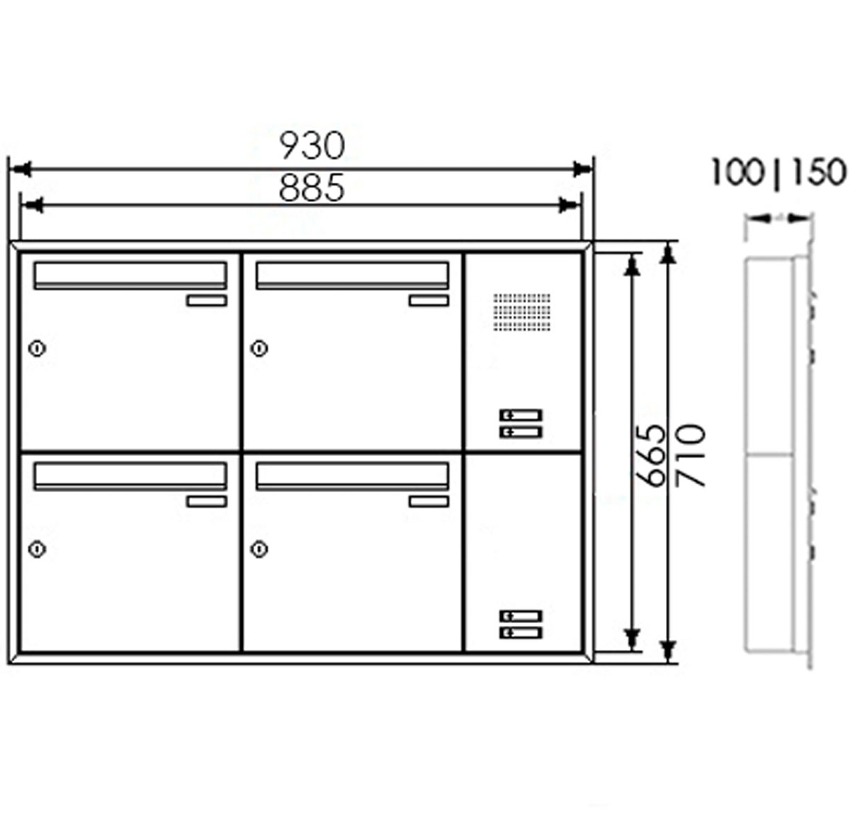 4er Edelstahl Unterputz Briefkastenanlage BASIC Plus 382XU UP mit Klingelkasten seitlich