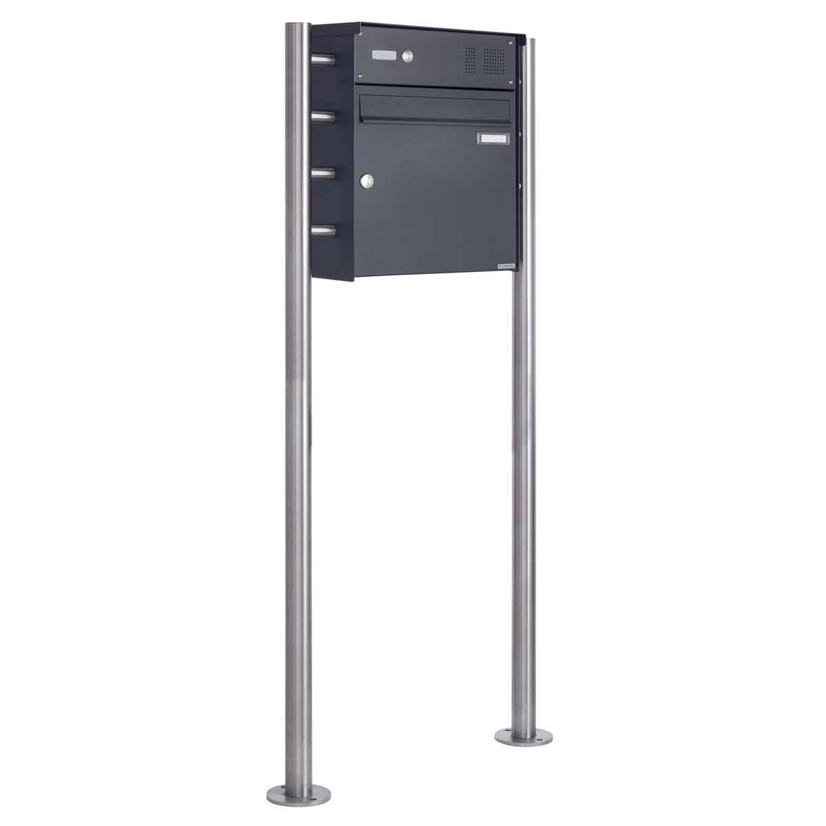 1er Edelstahl Standbriefkasten Design BASIC Plus 381X ST-R  mit Klingelkasten - RAL nach Wahl