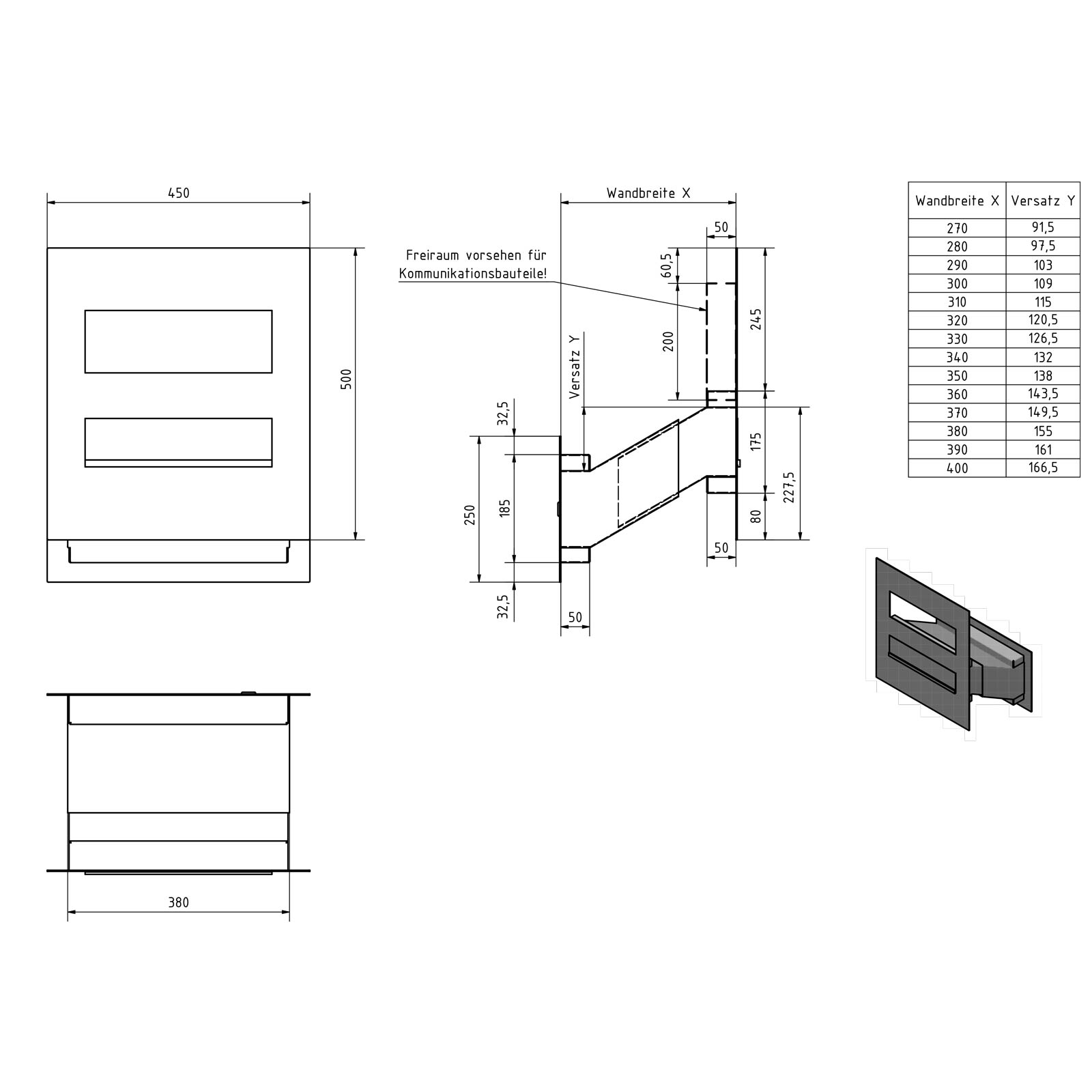 Edelstahl Mauerdurchwurf Briefkasten Designer Modell - Clean Edition - RAL nach Wahl - INDIVIDUELL