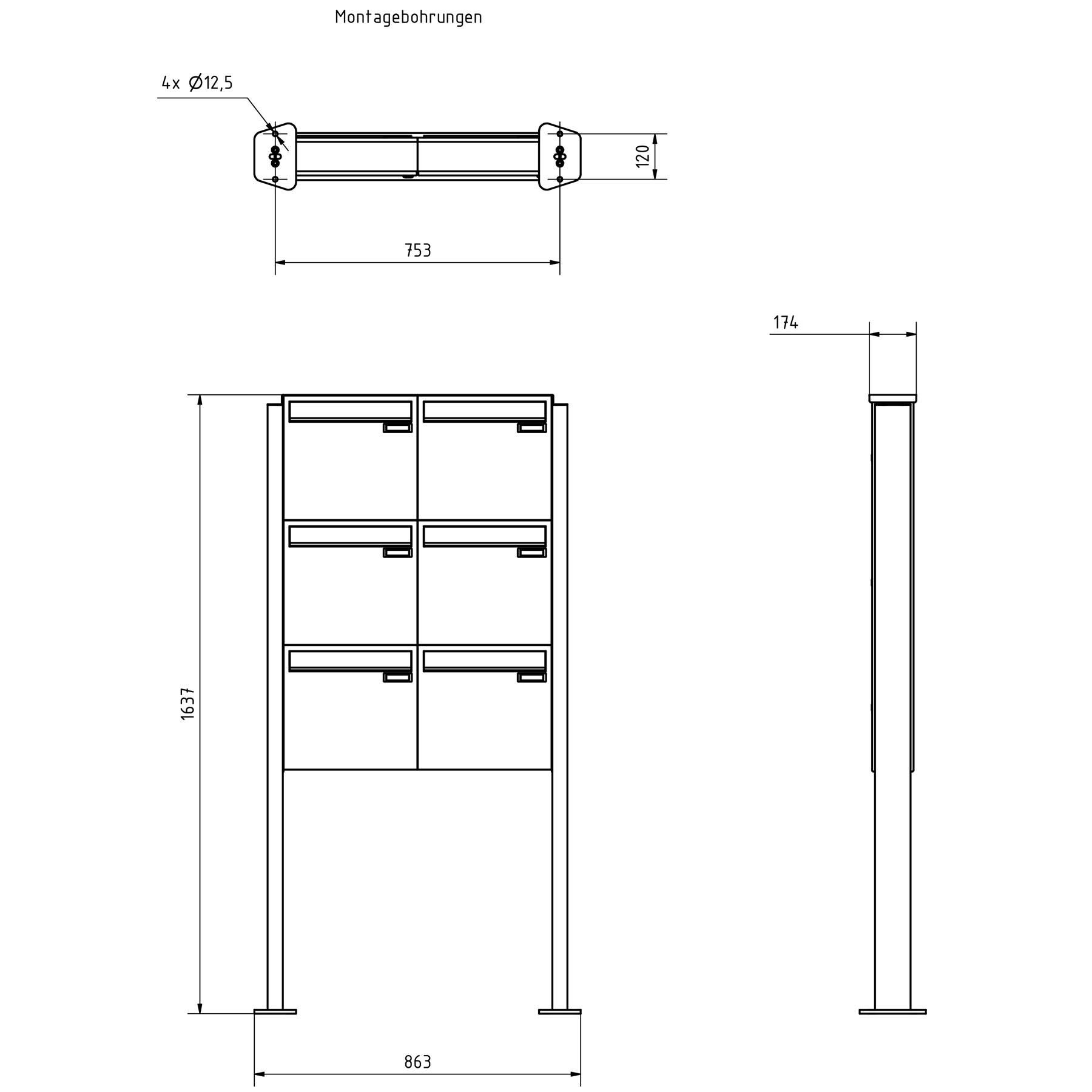 6er 2x3 Edelstahl Zaunbriefkasten Design BASIC Plus 380XZ ST-T - RAL nach Wahl