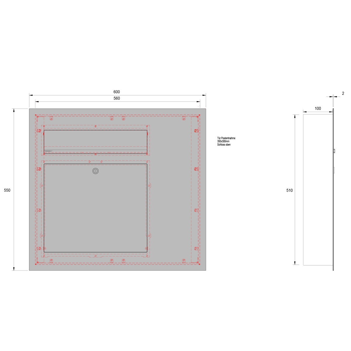 Edelstahl Briefkasten Designer Modell BIG - Seitlich mit GIRA System 106 seitlich - 3-fach vorbereitet