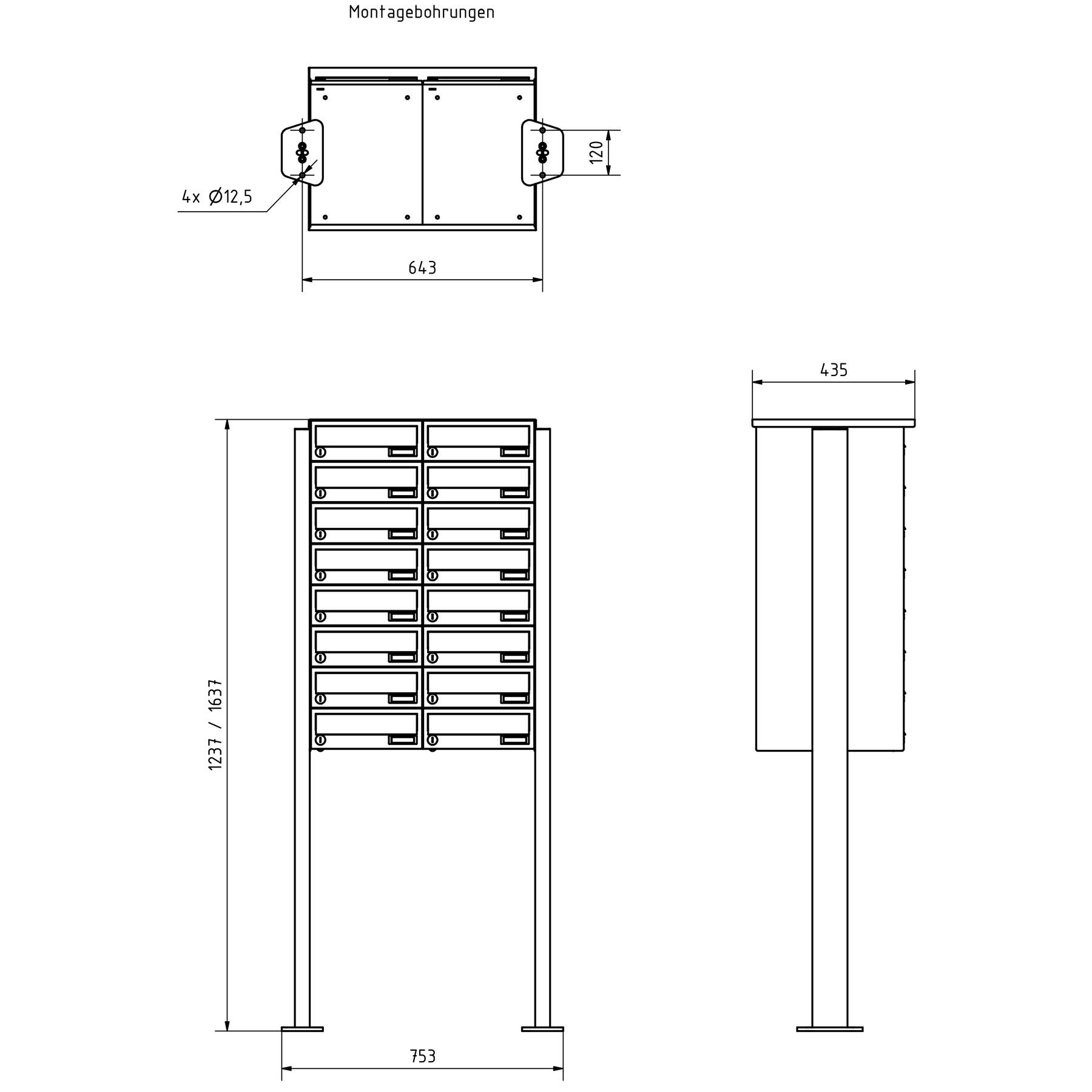 16er Edelstahl Briefkastenanlage freistehend Design BASIC Plus 385XP ST-T - RAL nach Wahl