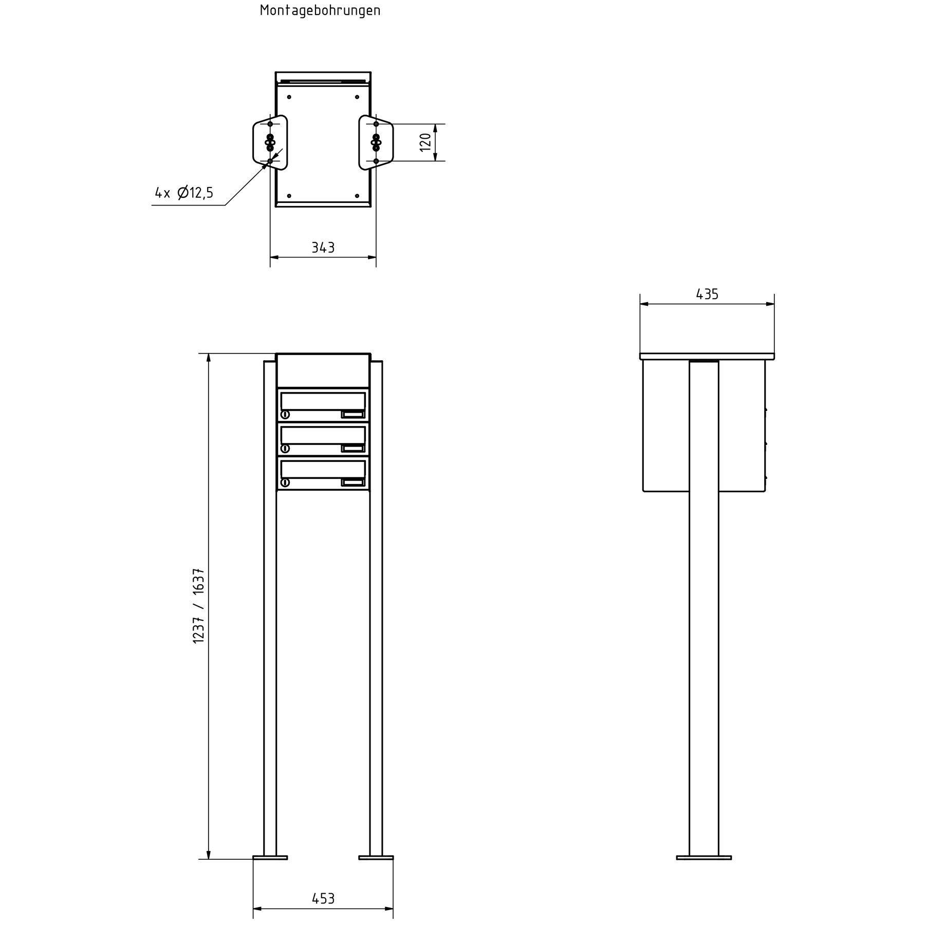 3er Briefkastenanlage freistehend Design BASIC 385P-7016-SP mit Klingel- Sprechteil inkl. Seitenverkleidung & Regendach - Briefkästen waagerecht - Anthrazit-Grau RAL 7016