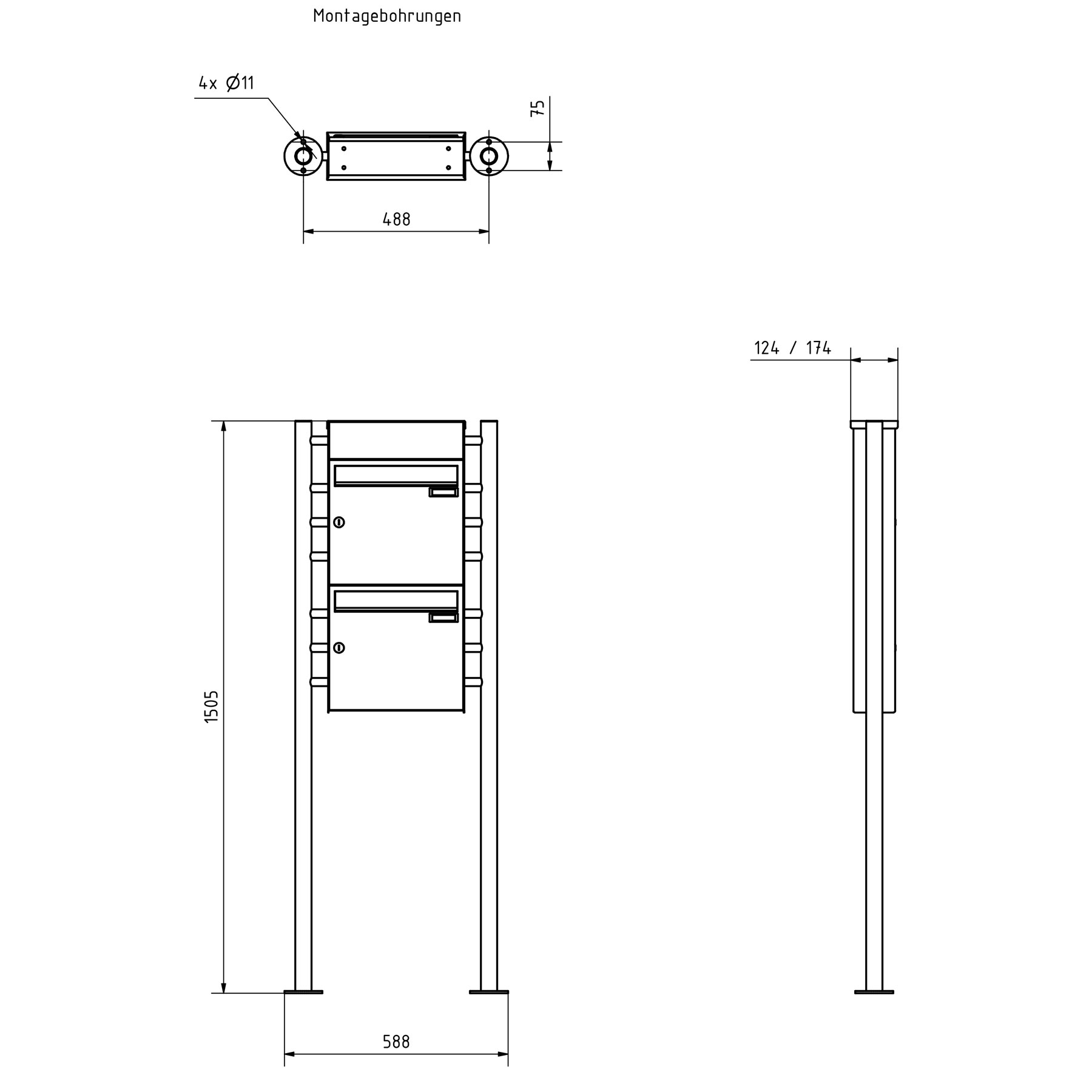 2er Standbriefkasten Design BASIC Plus 381X ST-R mit Klingelkasten - Edelstahl V2A geschliffen