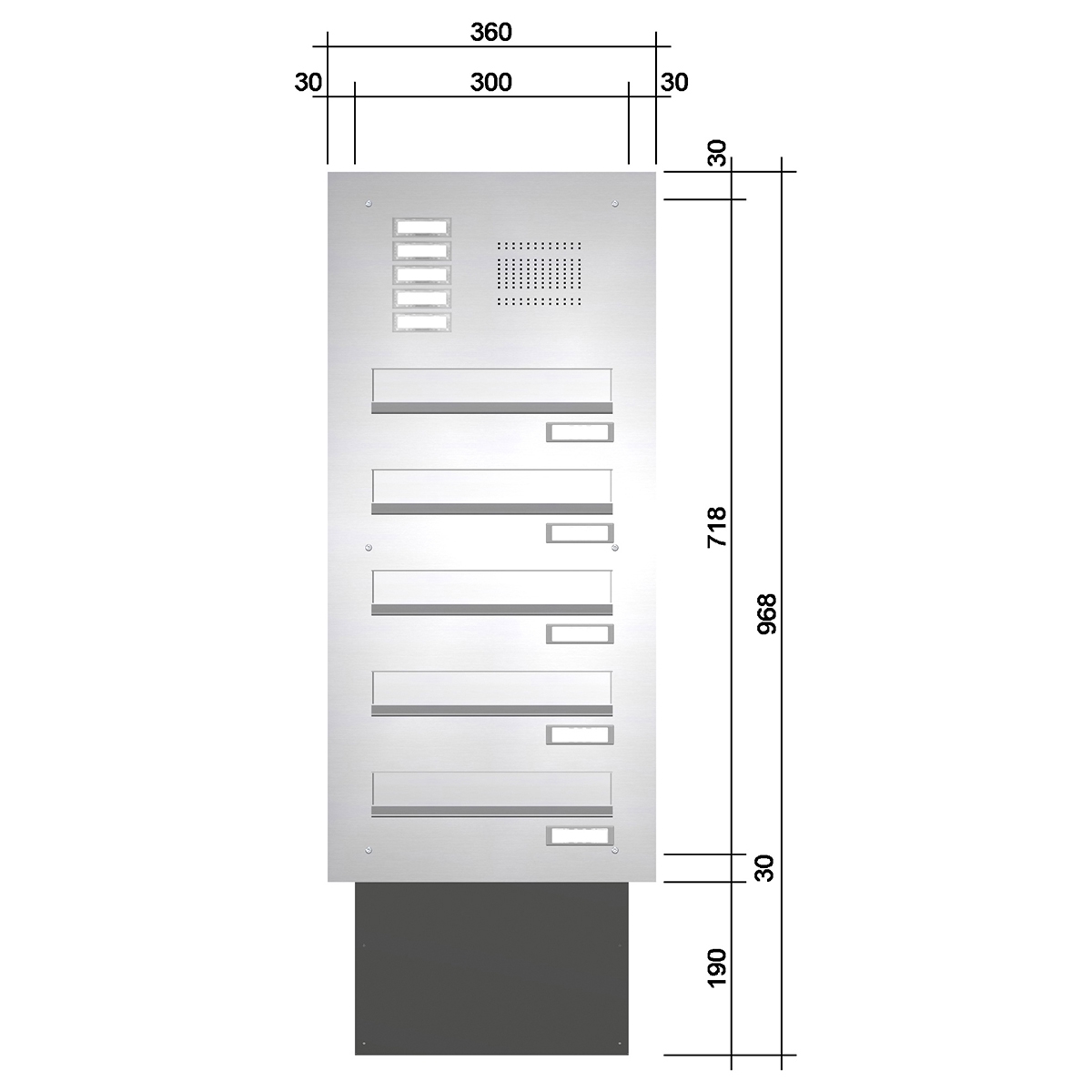 Edelstahl Mauerdurchwurf Briefkastenanlage BASIC 623 - Klingel- Sprechstelle - 5 Parteien