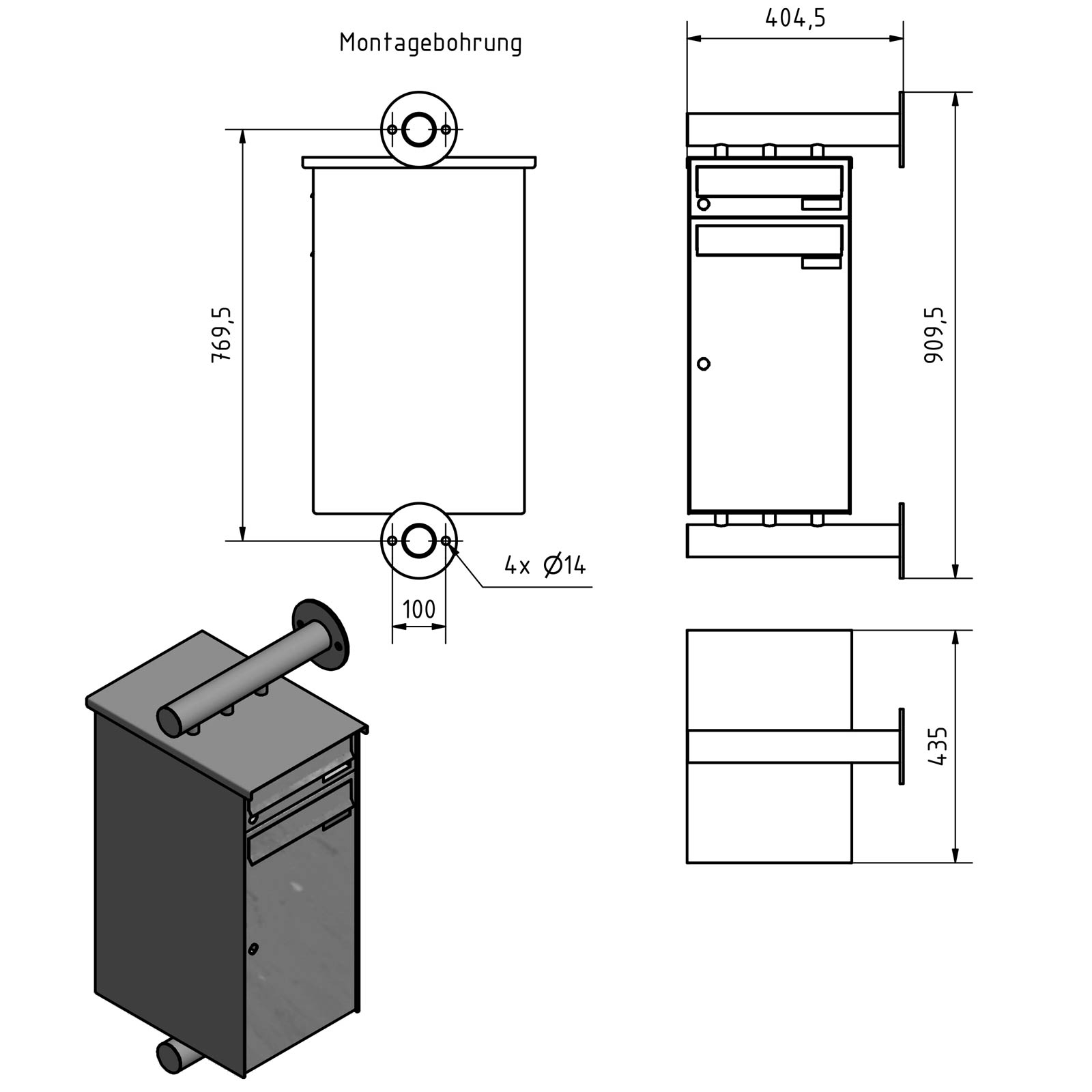 Edelstahl Paketbriefkasten Design BASIC Plus 385XW mit Paketfach 550x300 zur seitlichen Wandmontage - RAL nach Wahl