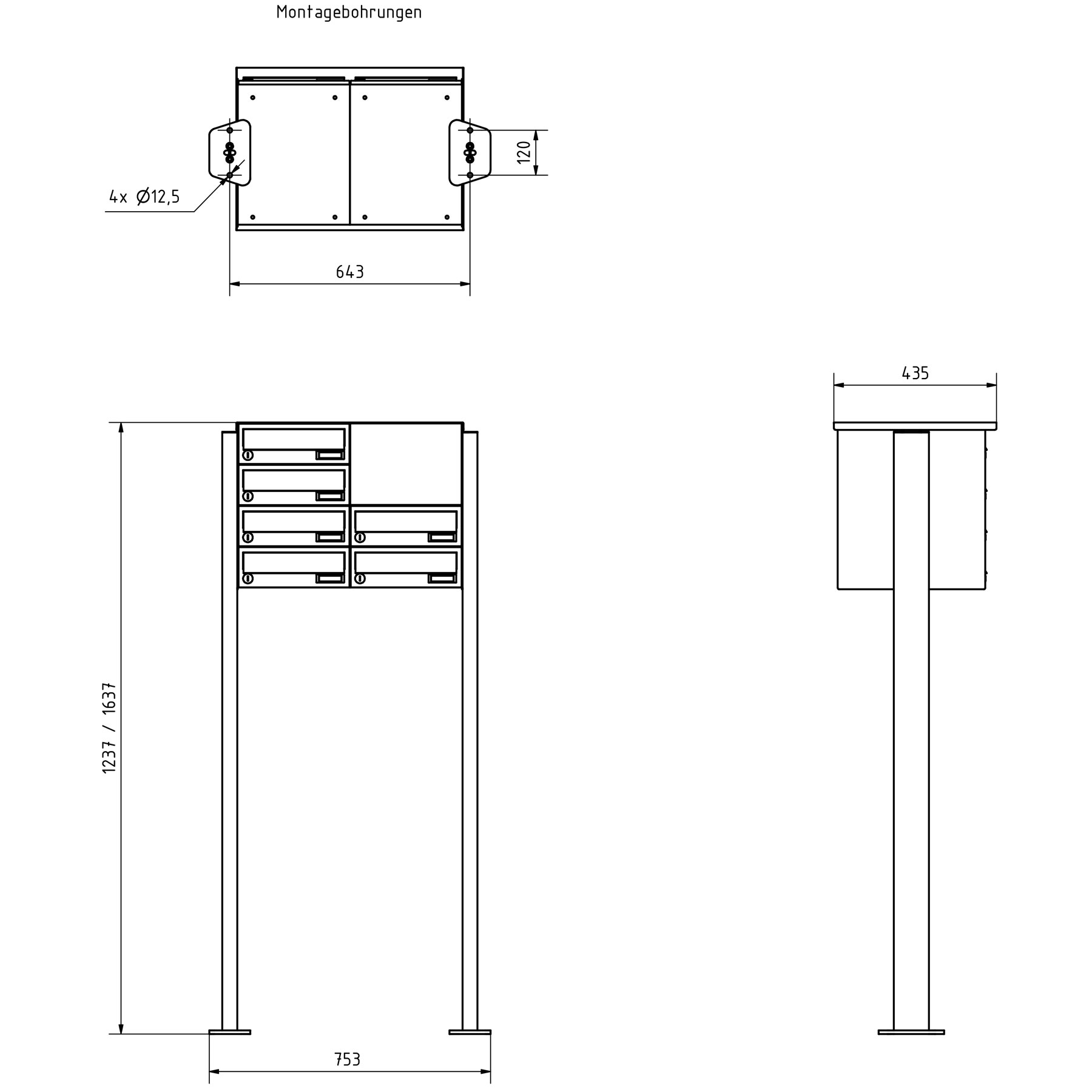 6er Standbriefkasten Design BASIC 385P-9016 ST-T mit Klingelkasten - RAL 9016 verkehrsweiß