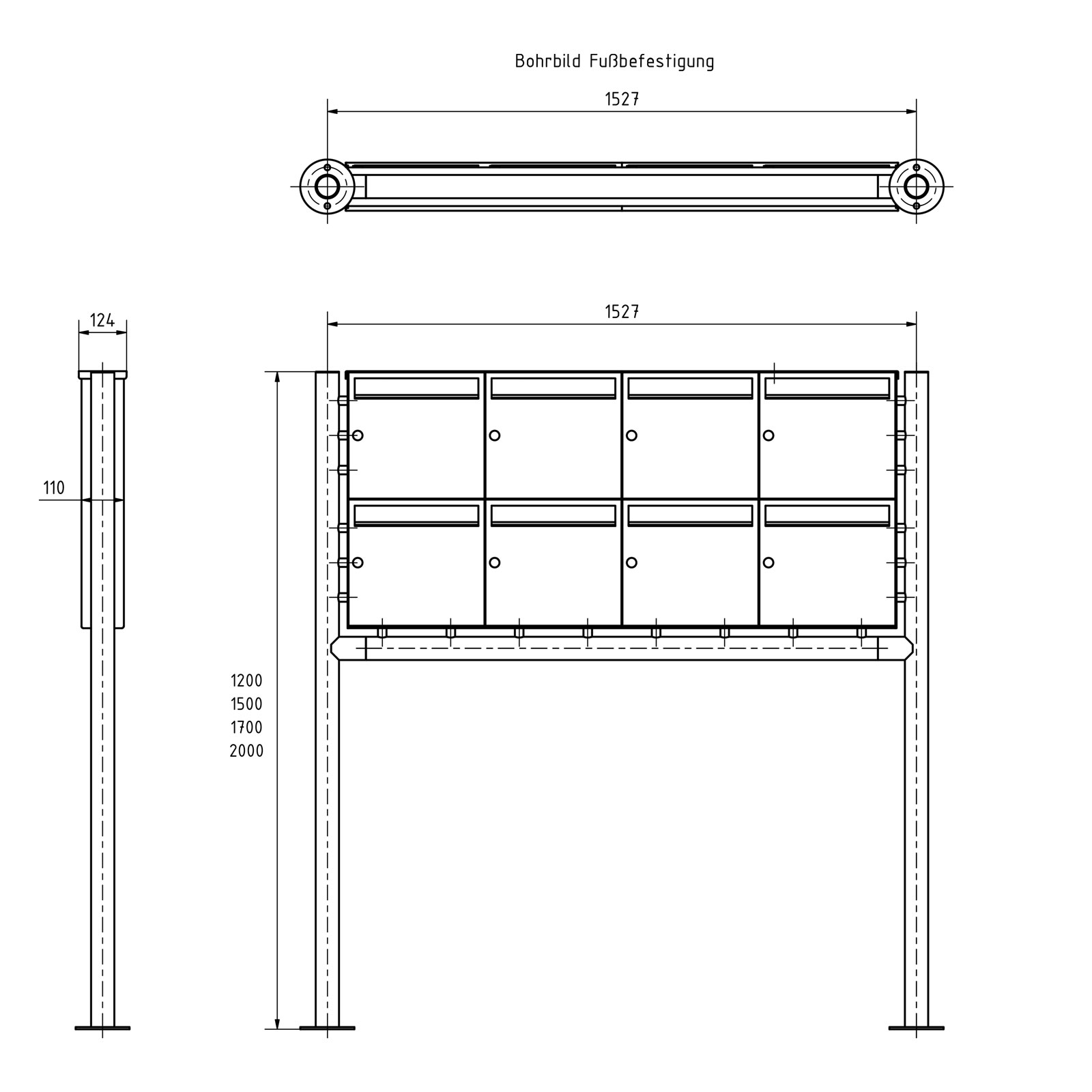 8er 2x4 Edelstahl Standbriefkasten Design BASIC Plus 381X ST-R - RAL nach Wahl